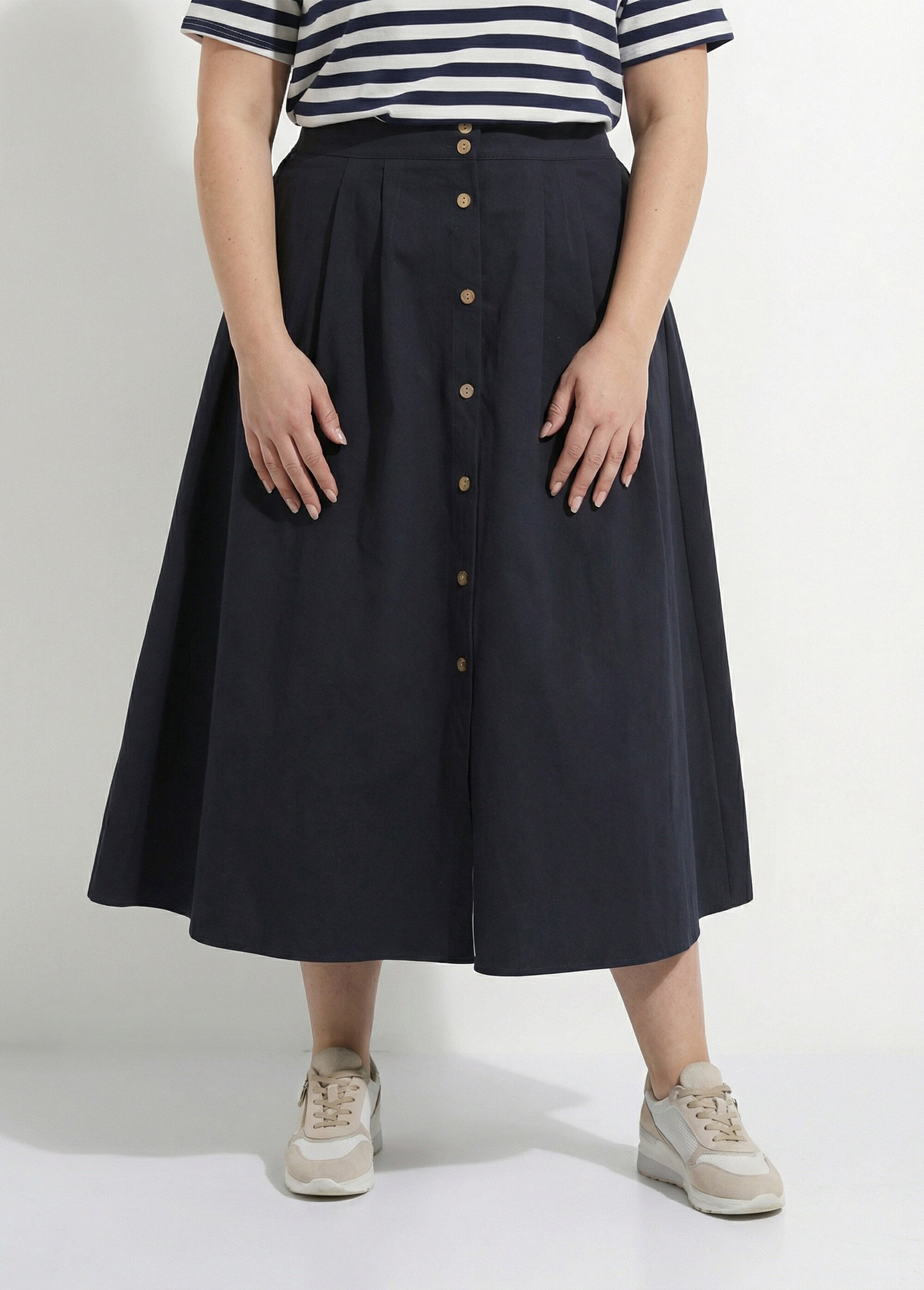 Jupe longue ample boutonnée, en coton Femme Grande Taille Noir MA-621-1855 FA1