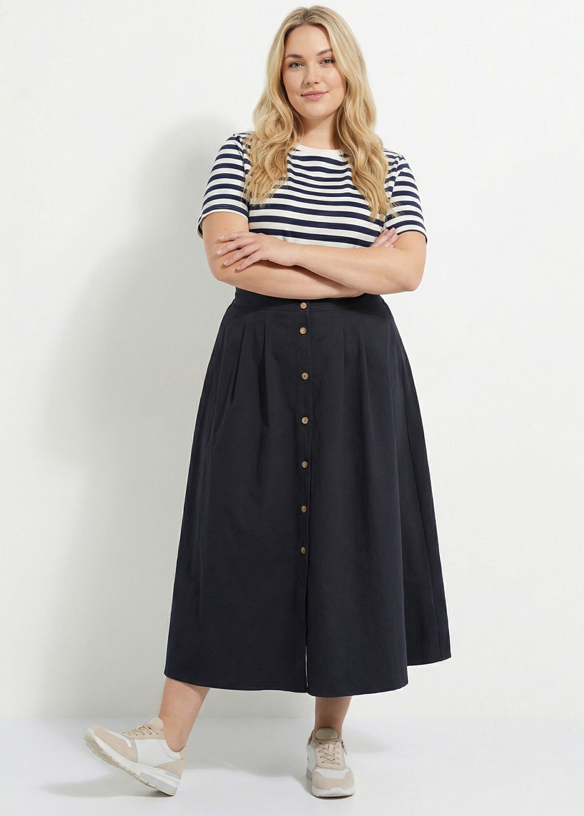 Jupe longue ample boutonnée, en coton Femme Grande Taille Noir MA-621-1855 MV1