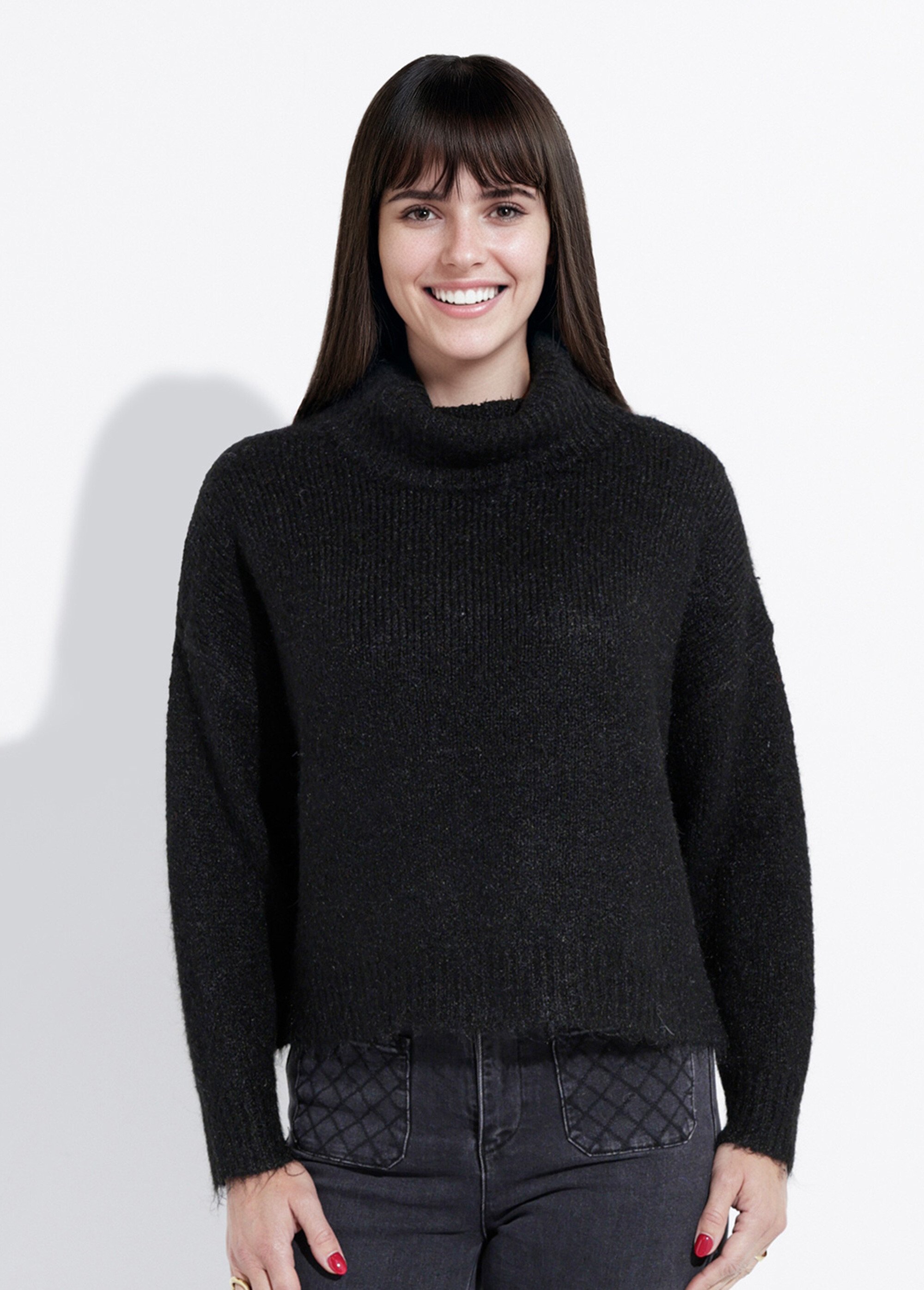Pull col roulé en maille épaisse Femme Noir IA-PL91 FA1