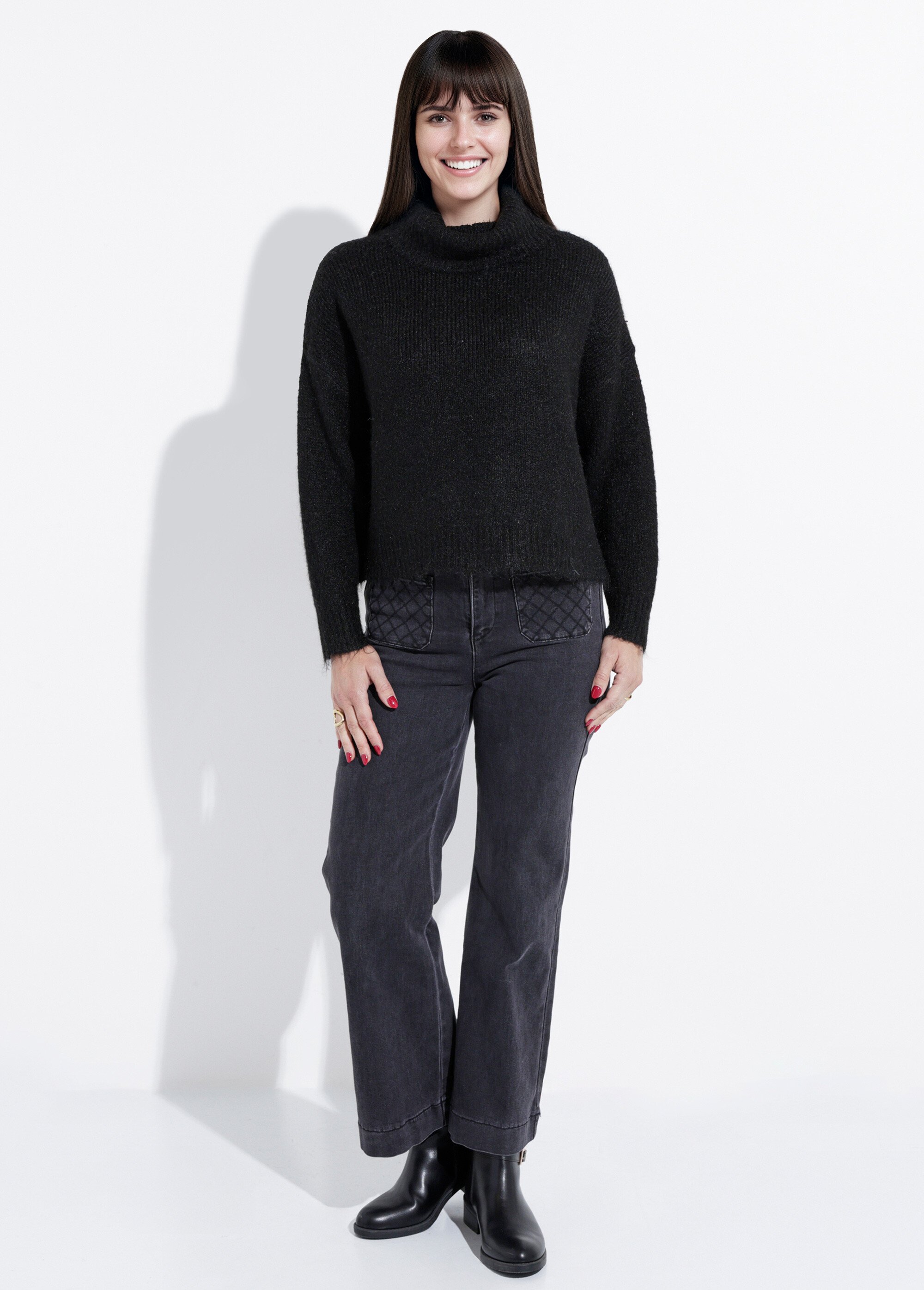 Pull col roulé en maille épaisse Femme Noir IA-PL91 SF1