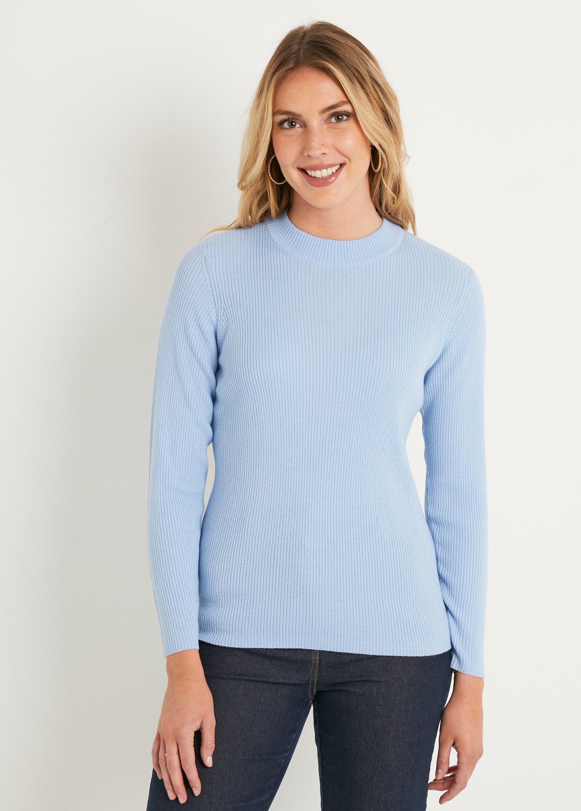 Col Montant Pull Fin Bleu Ciel Femme Pull Doux Col Roulé Manches