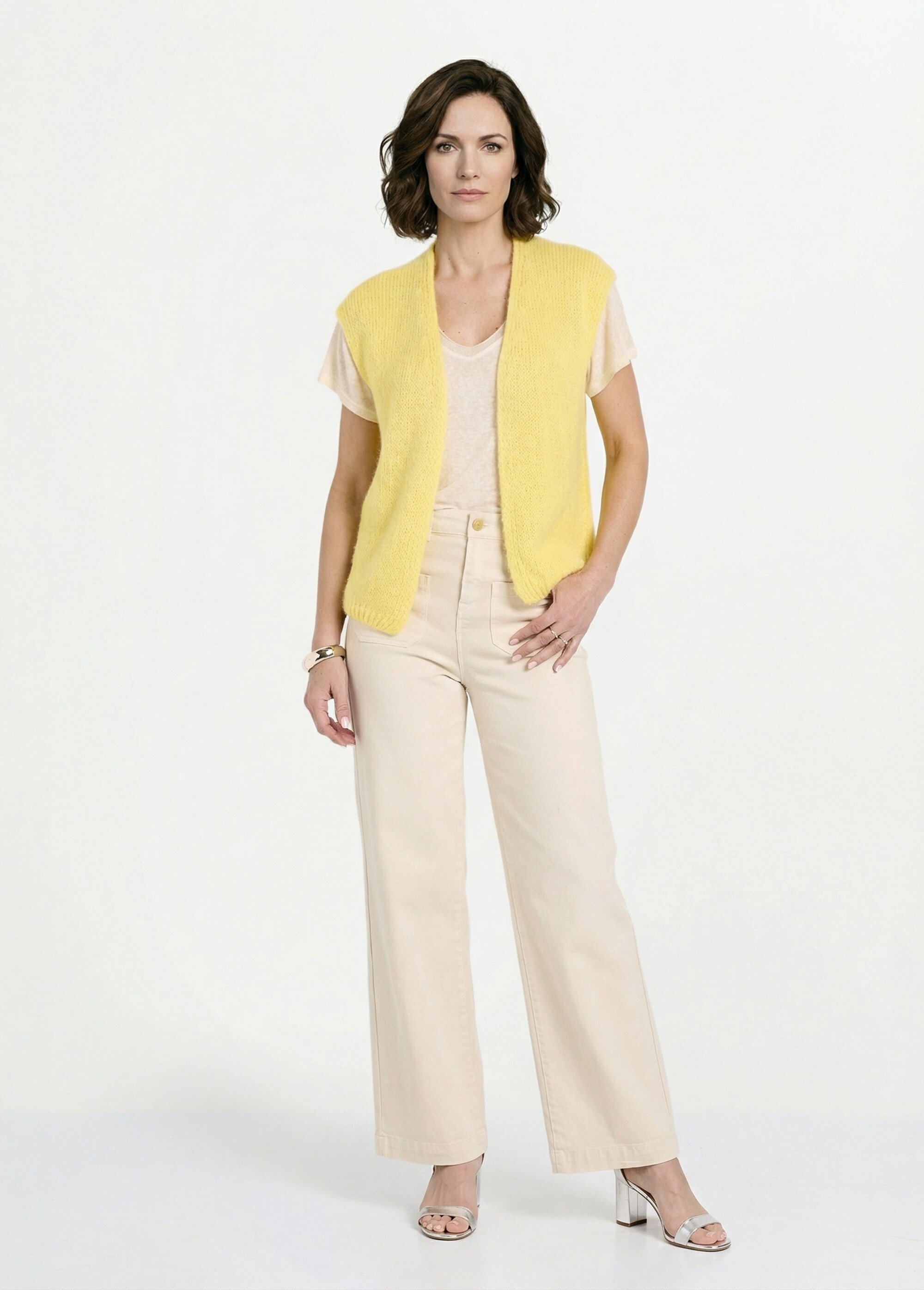 Pull sans manches avec mohair et laine Femme Jaune LAC-SM632 SI1