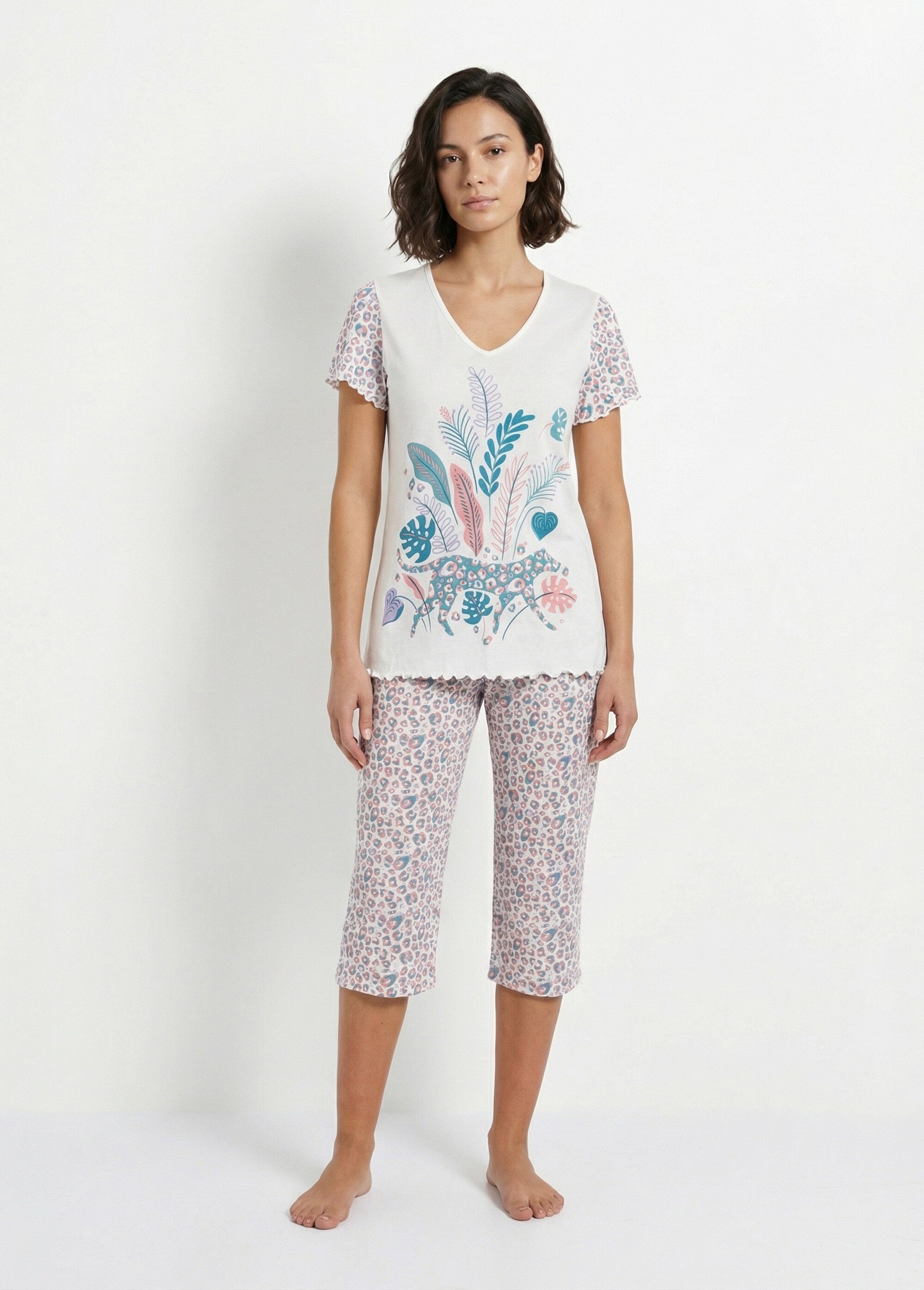 Pyjama court coton col V manches courtes Femme Beige SEJOUR FA1
