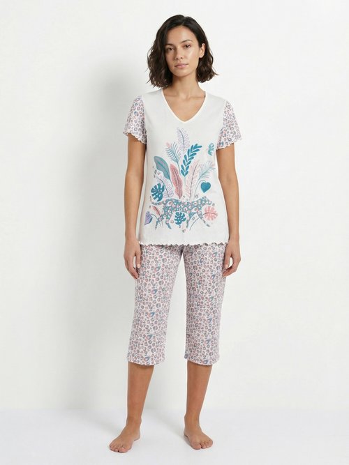 Pyjama court coton col V manches courtes Femme Beige SEJOUR FA1