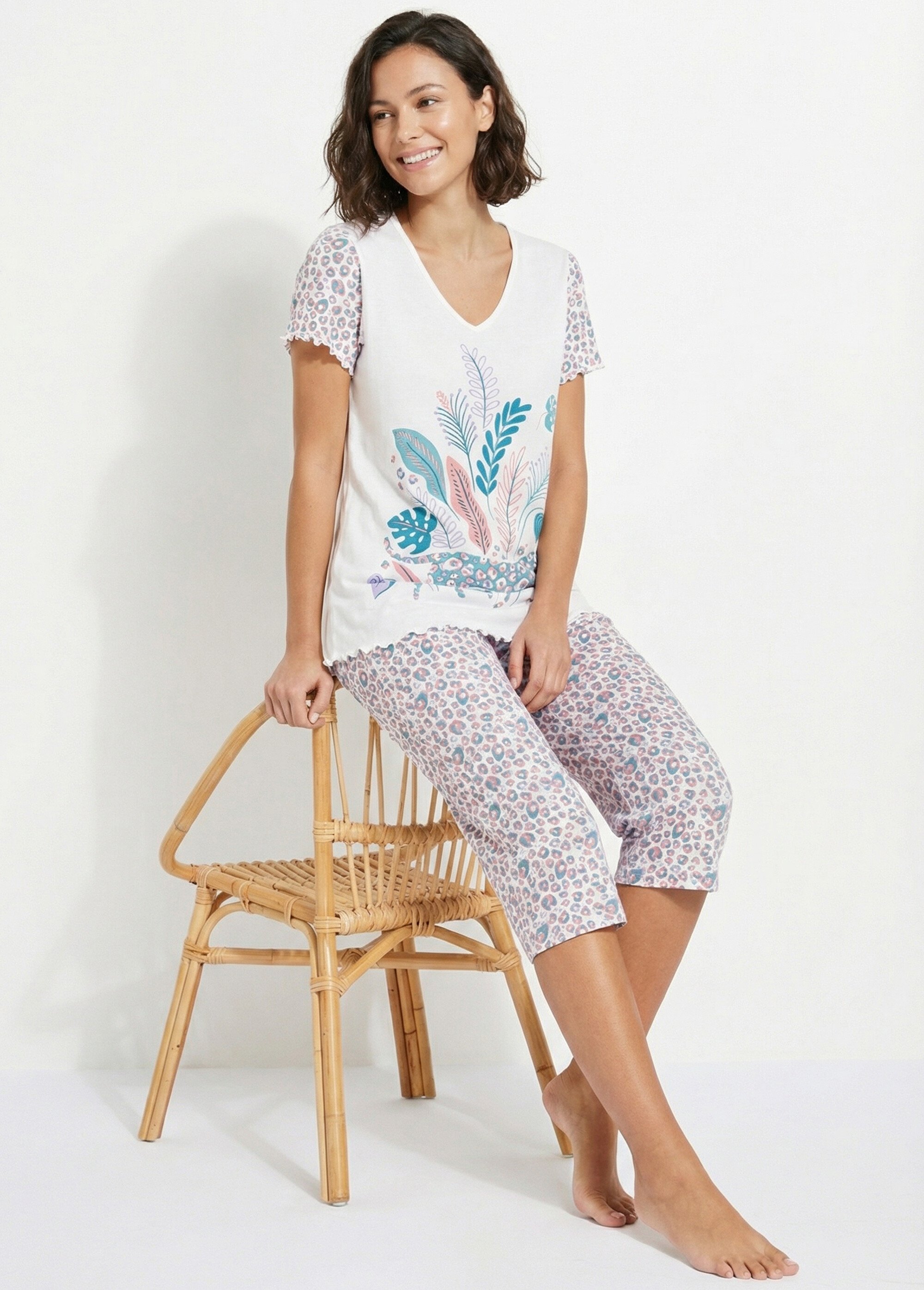 Pyjama court coton col V manches courtes