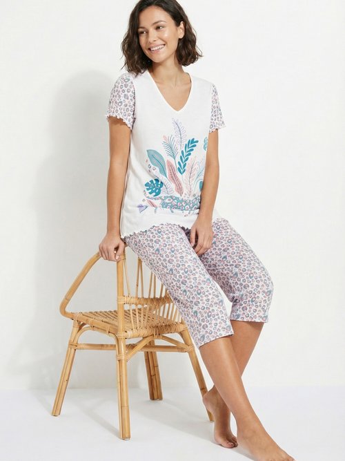 Pyjama court coton col V manches courtes Femme Beige SEJOUR MV1