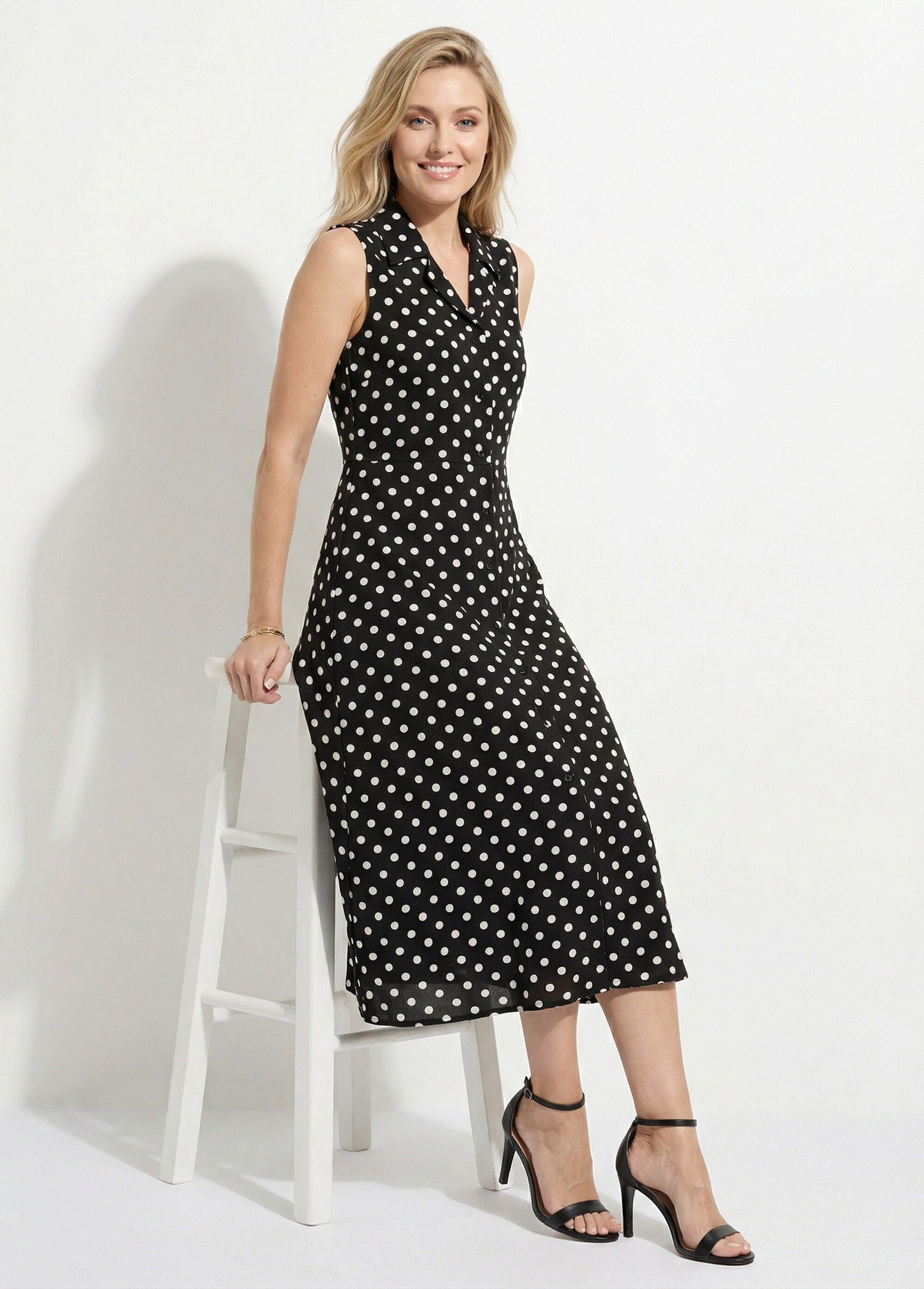 Robe-chemisier longue à pois sans manches