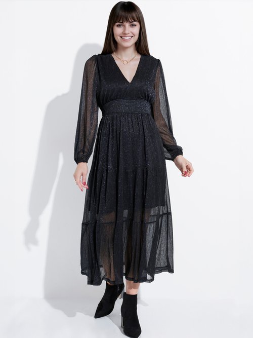 Robe longue en voile effet pailleté Femme Bleu IA-R5218 FA1