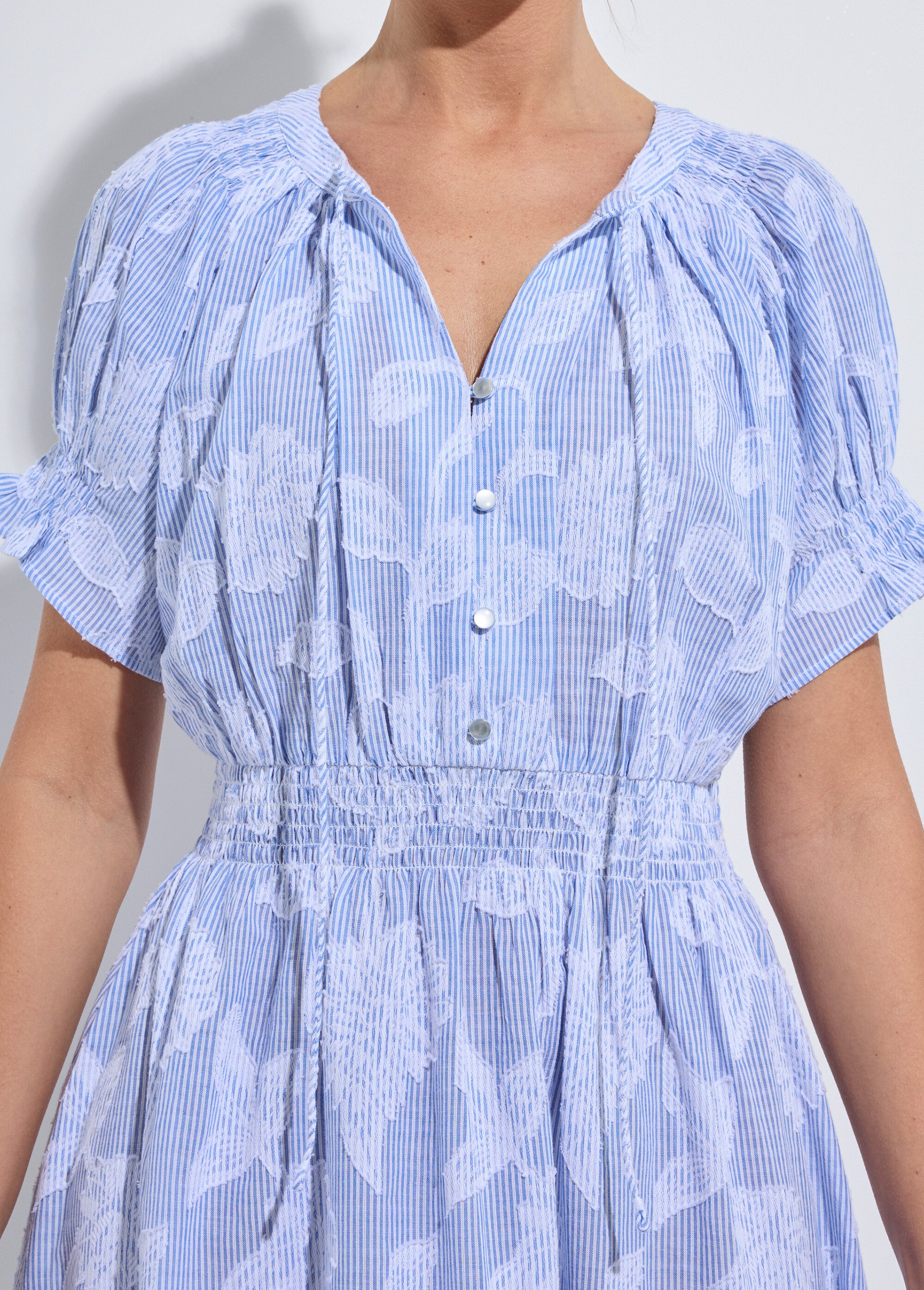 Robe longue smocks coton rayures et jacquard Femme Bleu ELVORA DE1