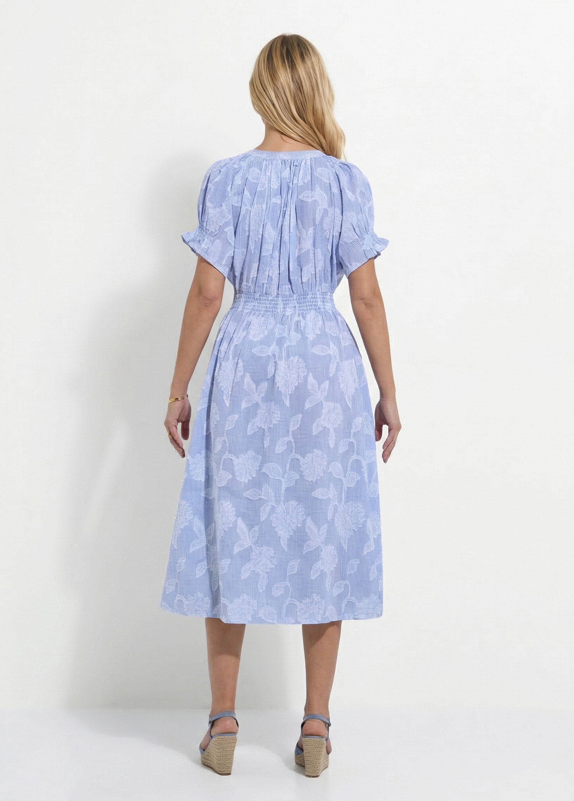 Robe longue smocks coton rayures et jacquard Femme Bleu ELVORA DO1