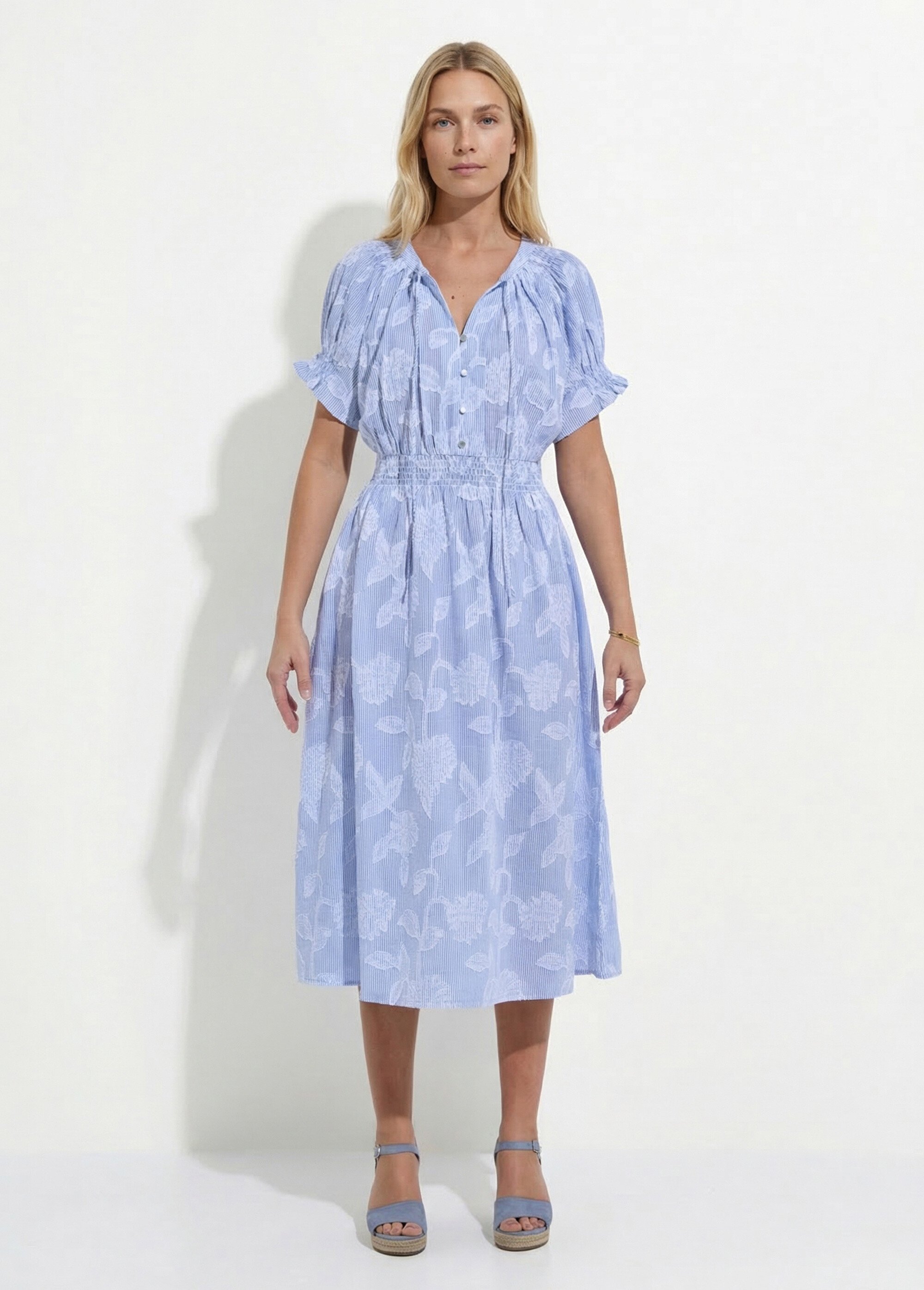 Robe longue smocks coton rayures et jacquard Femme Bleu ELVORA FA1