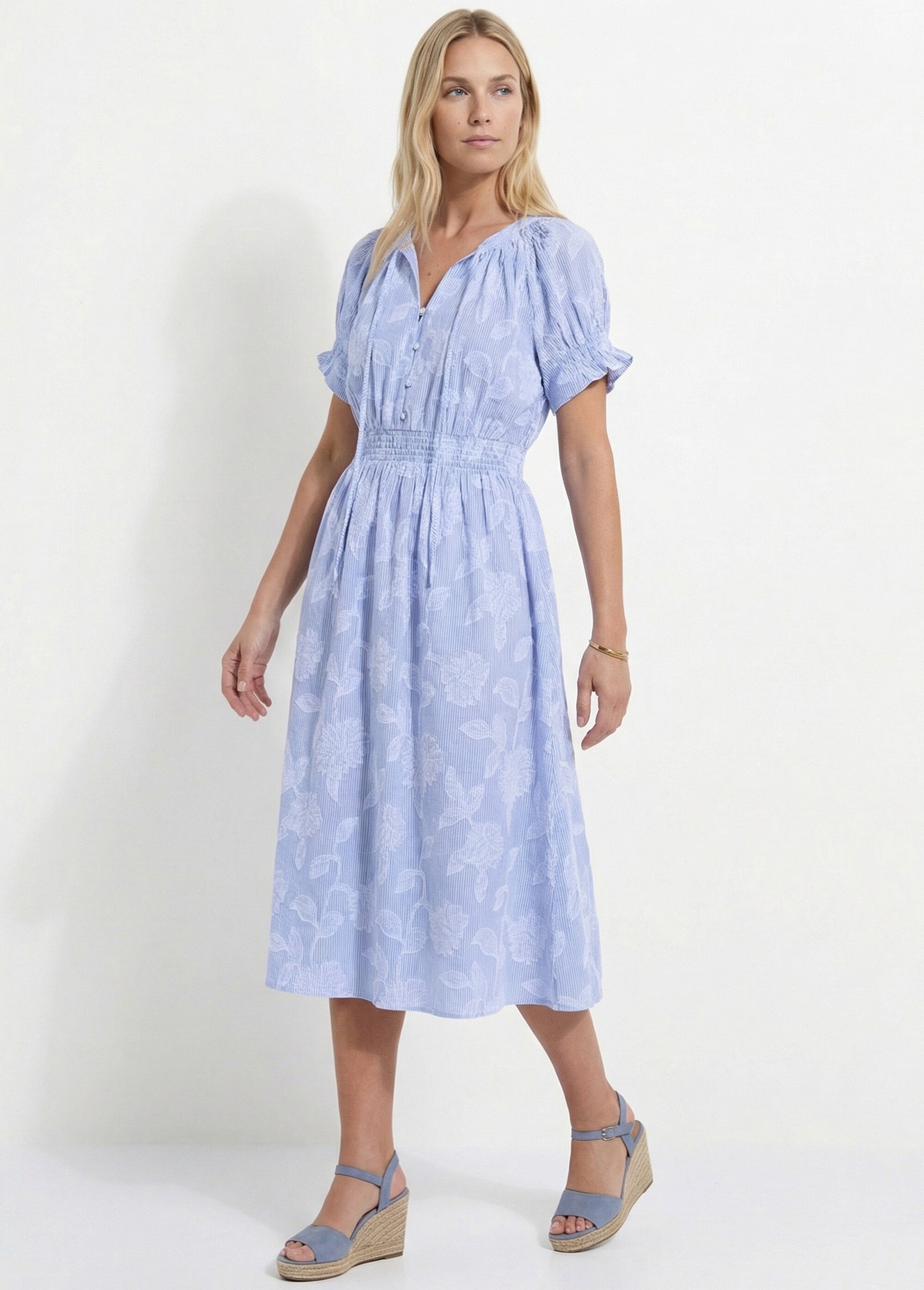 Robe longue smocks coton rayures et jacquard Femme Bleu ELVORA MV1