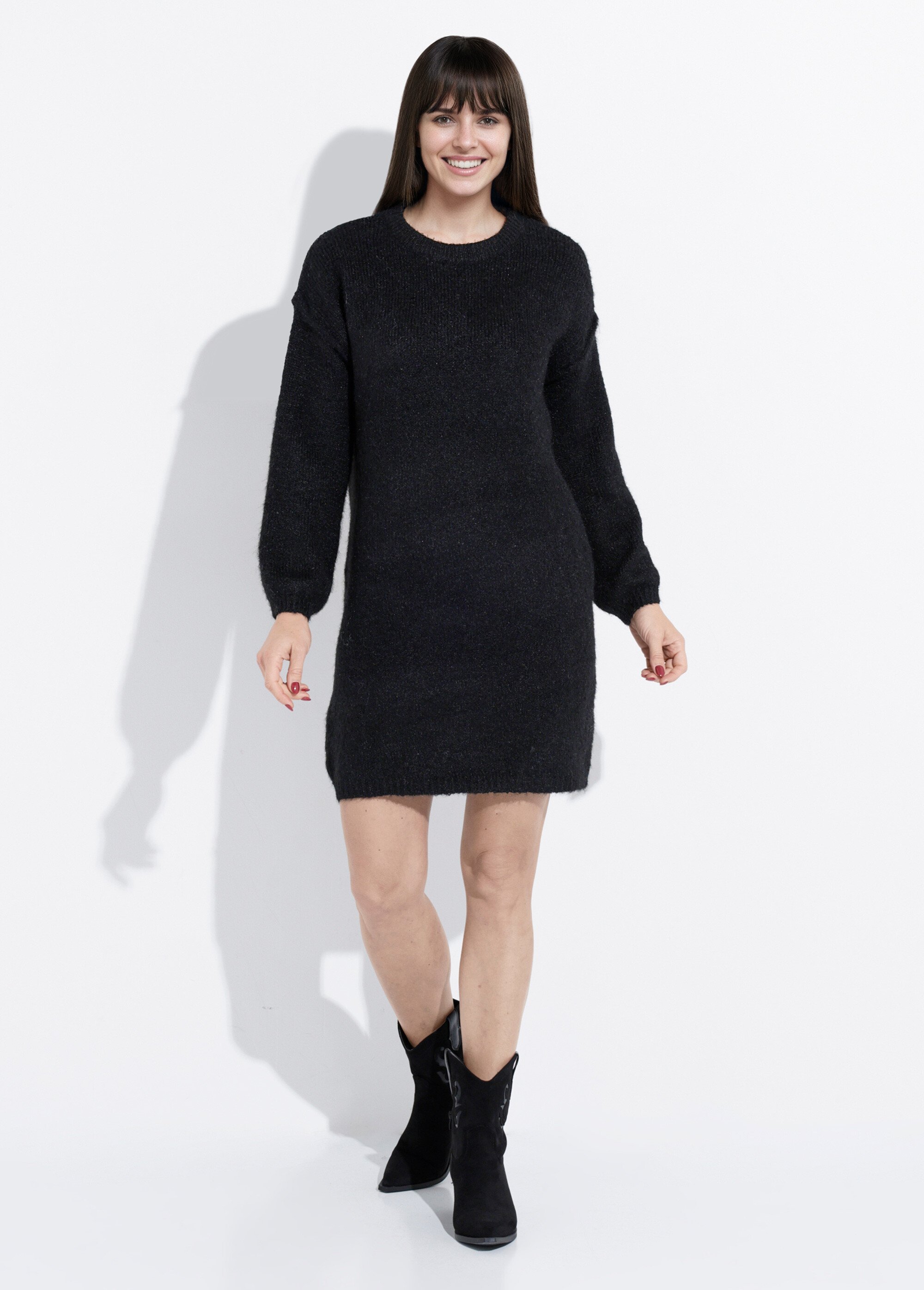 Robe pull courte en maille, col rond Femme Noir IA-AR579 FA1