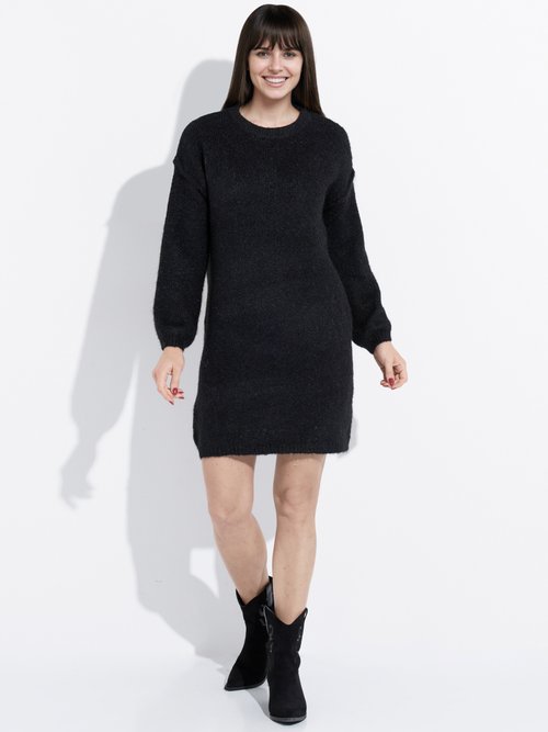 Robe pull courte en maille, col rond Femme Noir IA-AR579 FA1