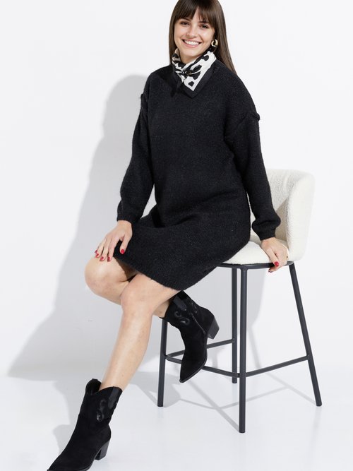 Robe pull courte en maille, col rond Femme Noir IA-AR579 MV1