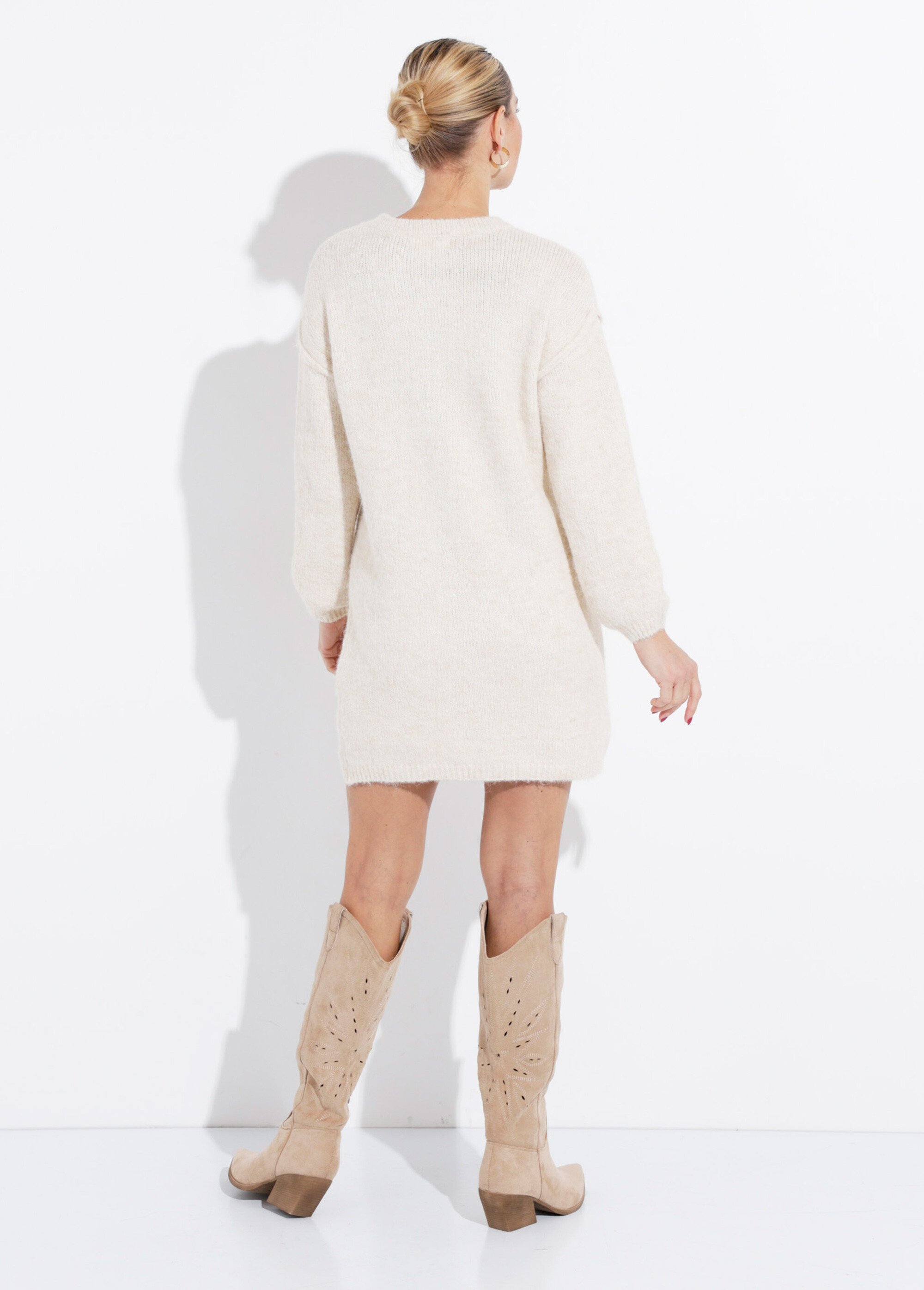 Robe pull courte en maille, col rond Femme Beige IA-AR579 DO1