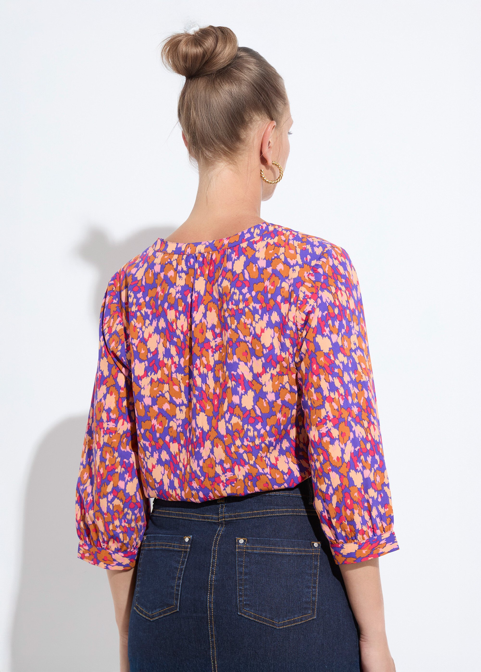 Tunique boutonnée ample longue manches 3/4 Femme MARINE ET OCRE CARIBOU DO1