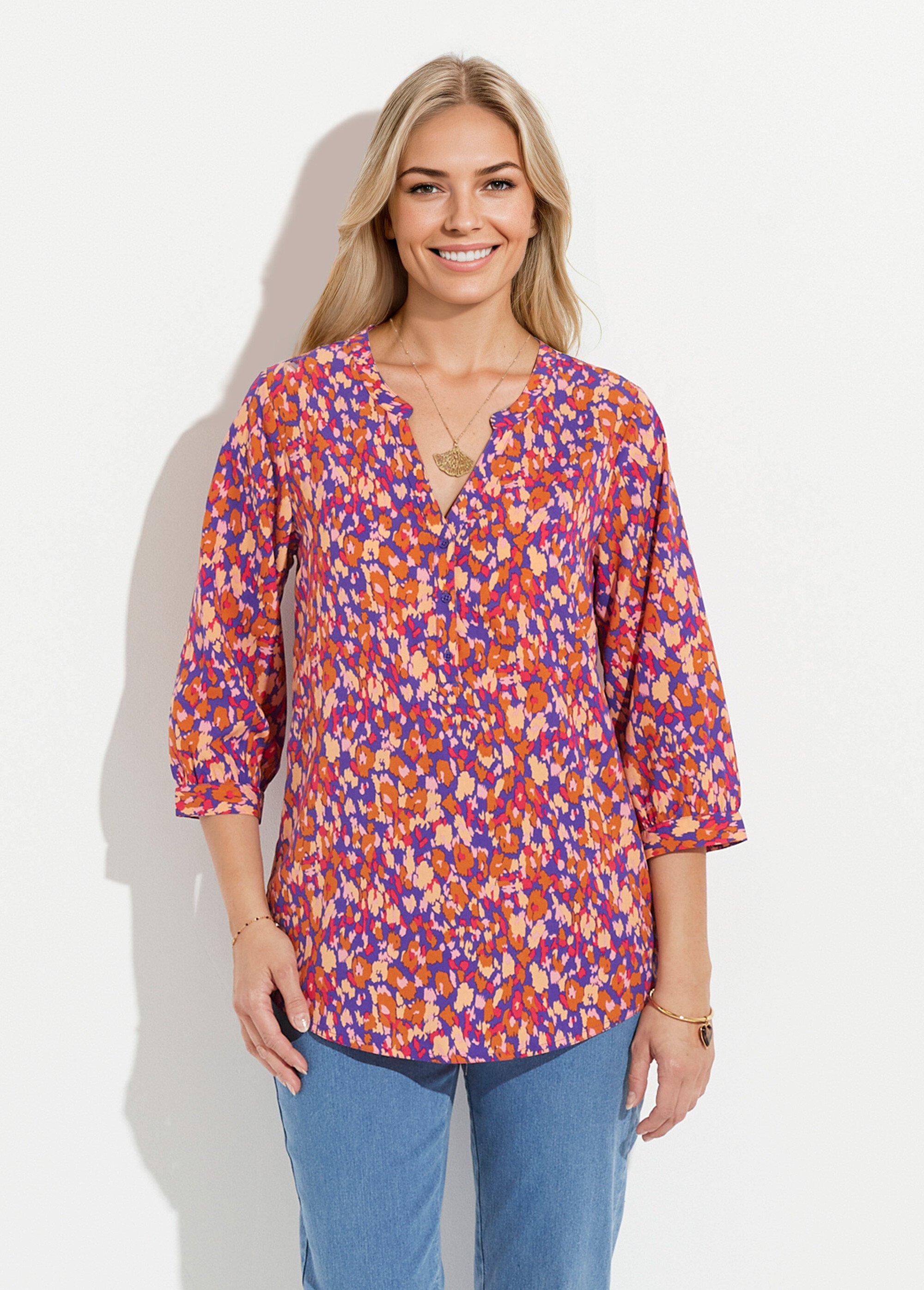 Tunique boutonnée ample longue manches 3/4 Femme MARINE ET OCRE CARIBOU FA1