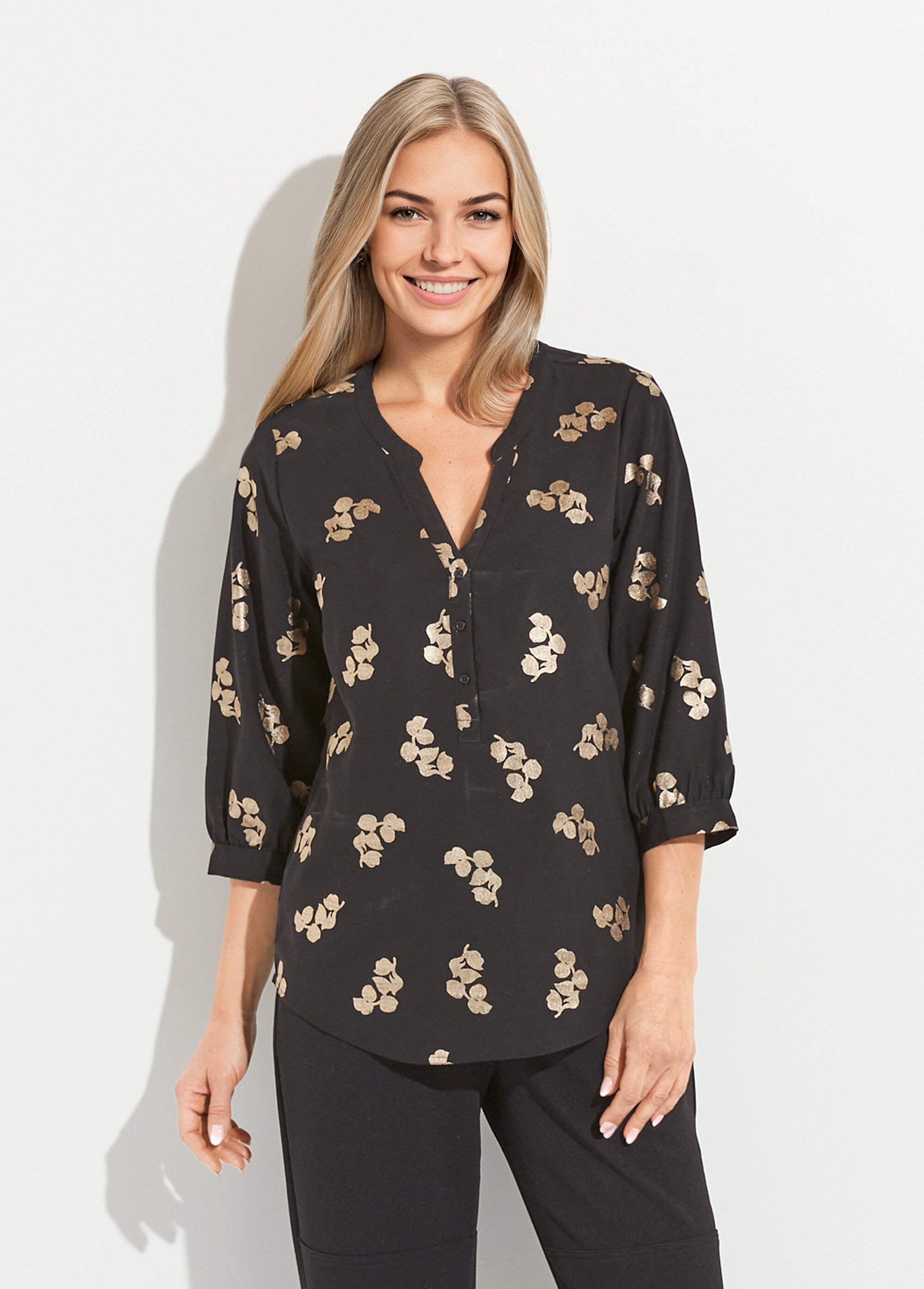 Tunique boutonnée ample longue manches 3/4 Femme Noir CARIBOU FA1