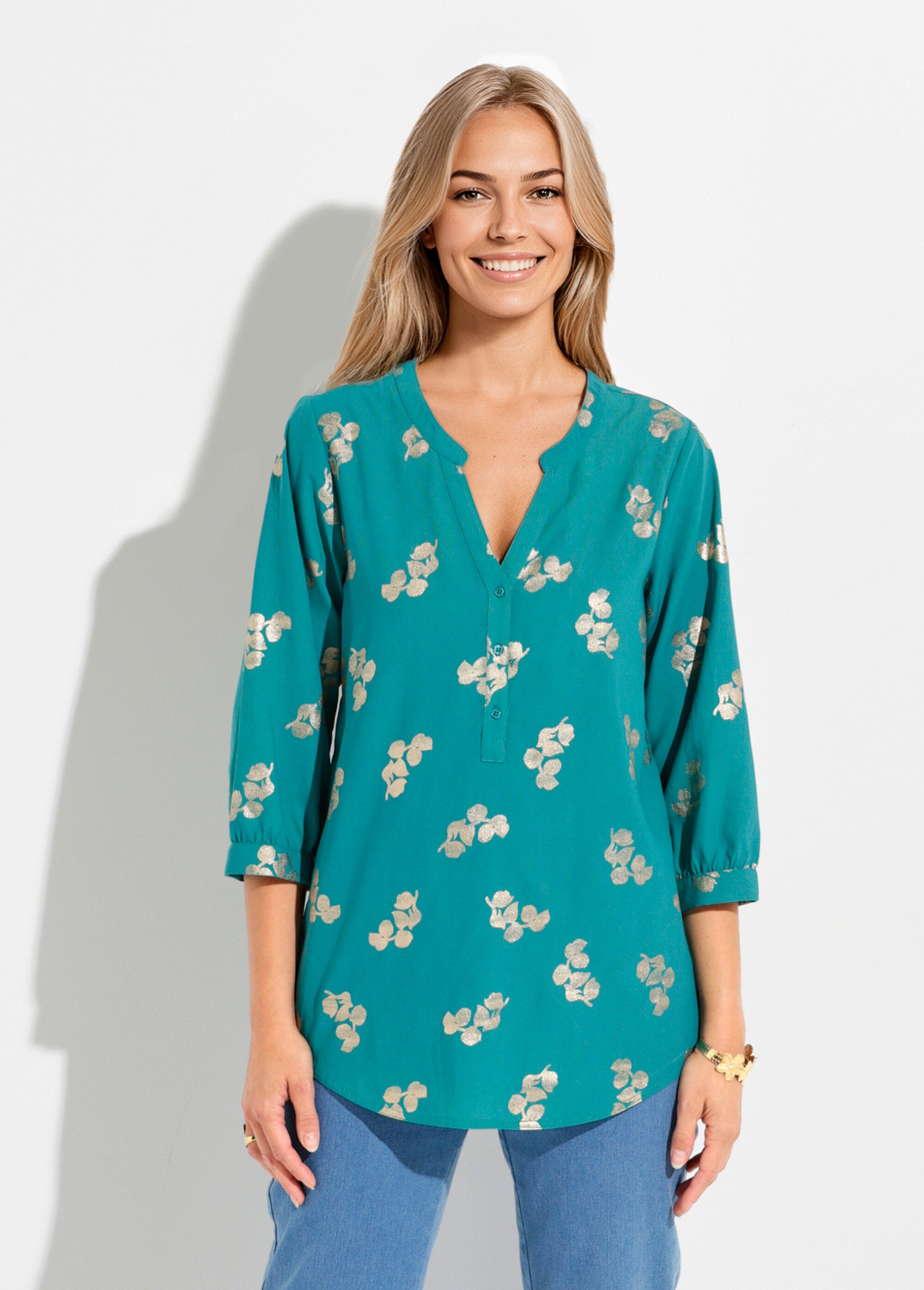Tunique boutonnée ample longue manches 3/4 Femme Vert CARIBOU FA1