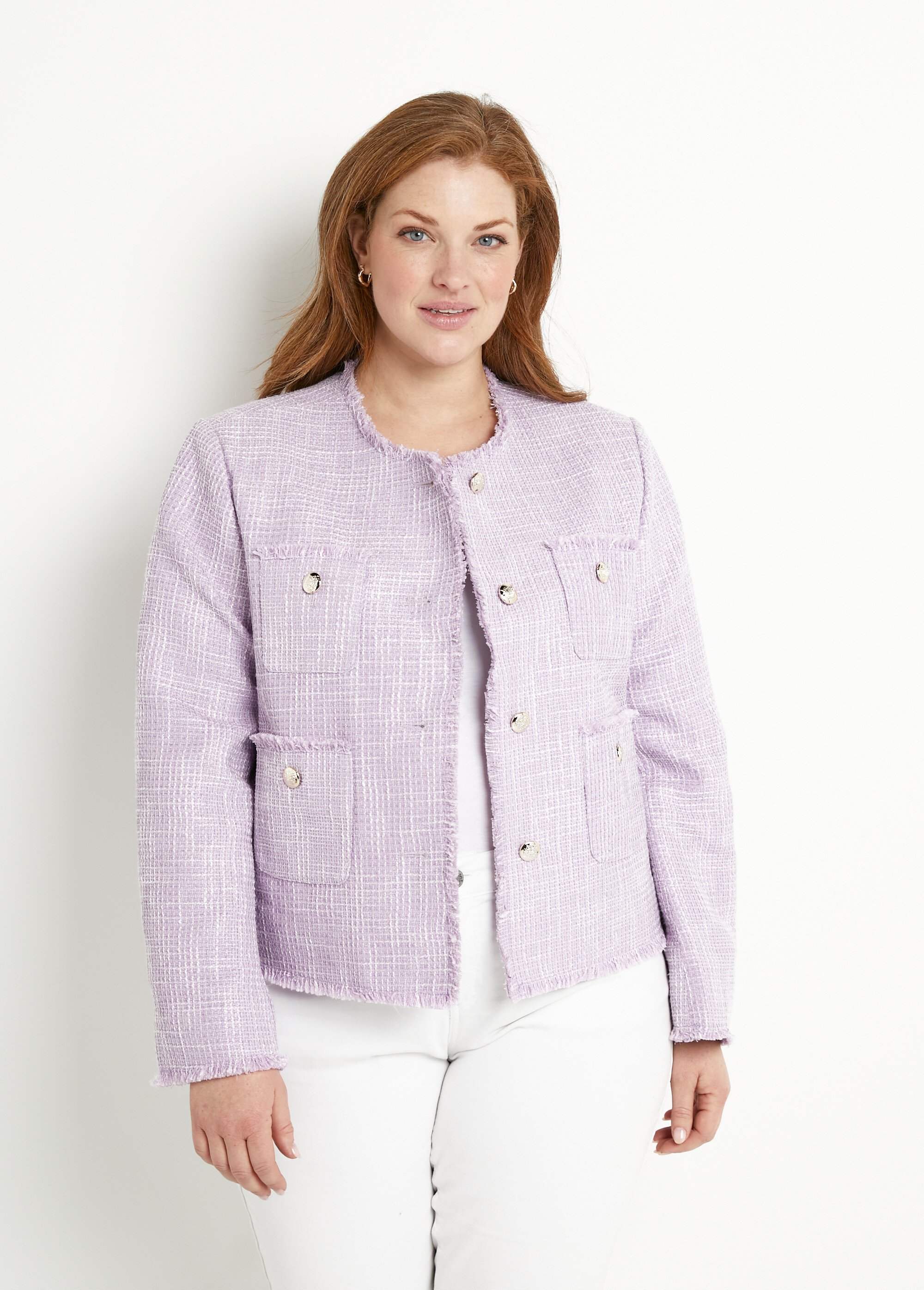 Veste sans col boutonnée courte tissu natté uni