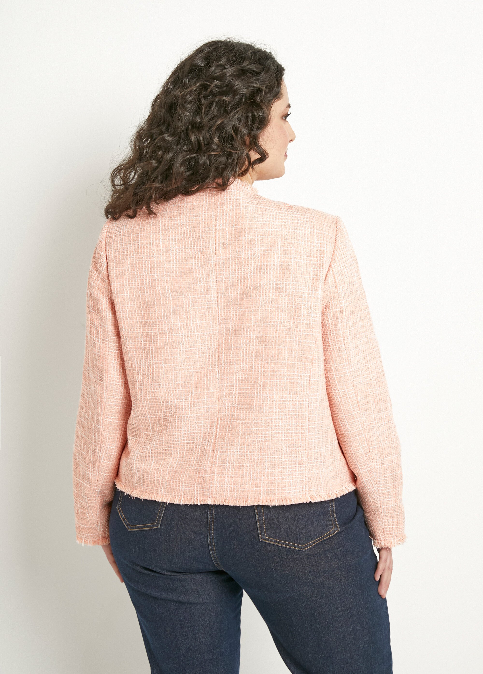 Veste sans col boutonnée courte tissu natté uni