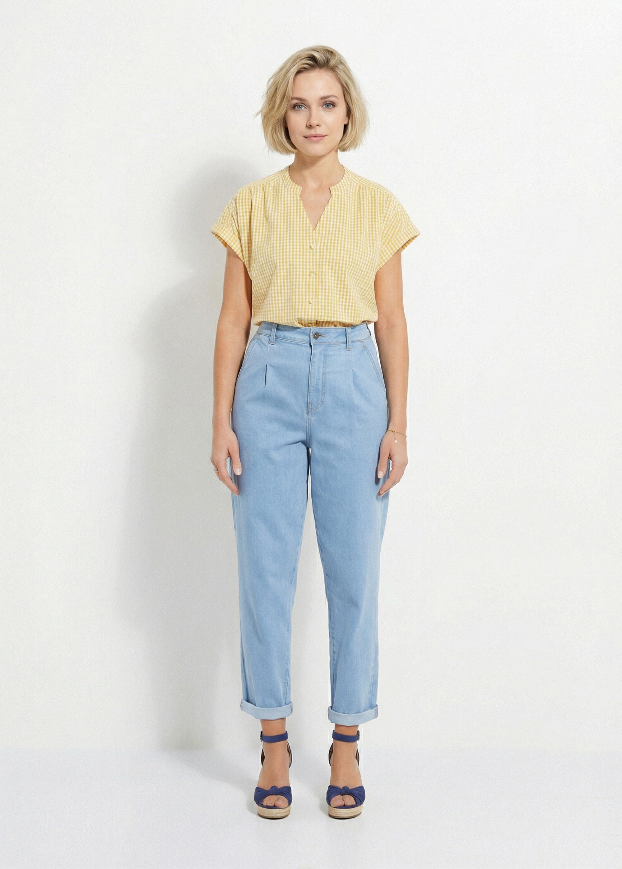 Chemisier à carreaux manches courtes kimono Femme BLANC ET JAUNE CALVIN SF1