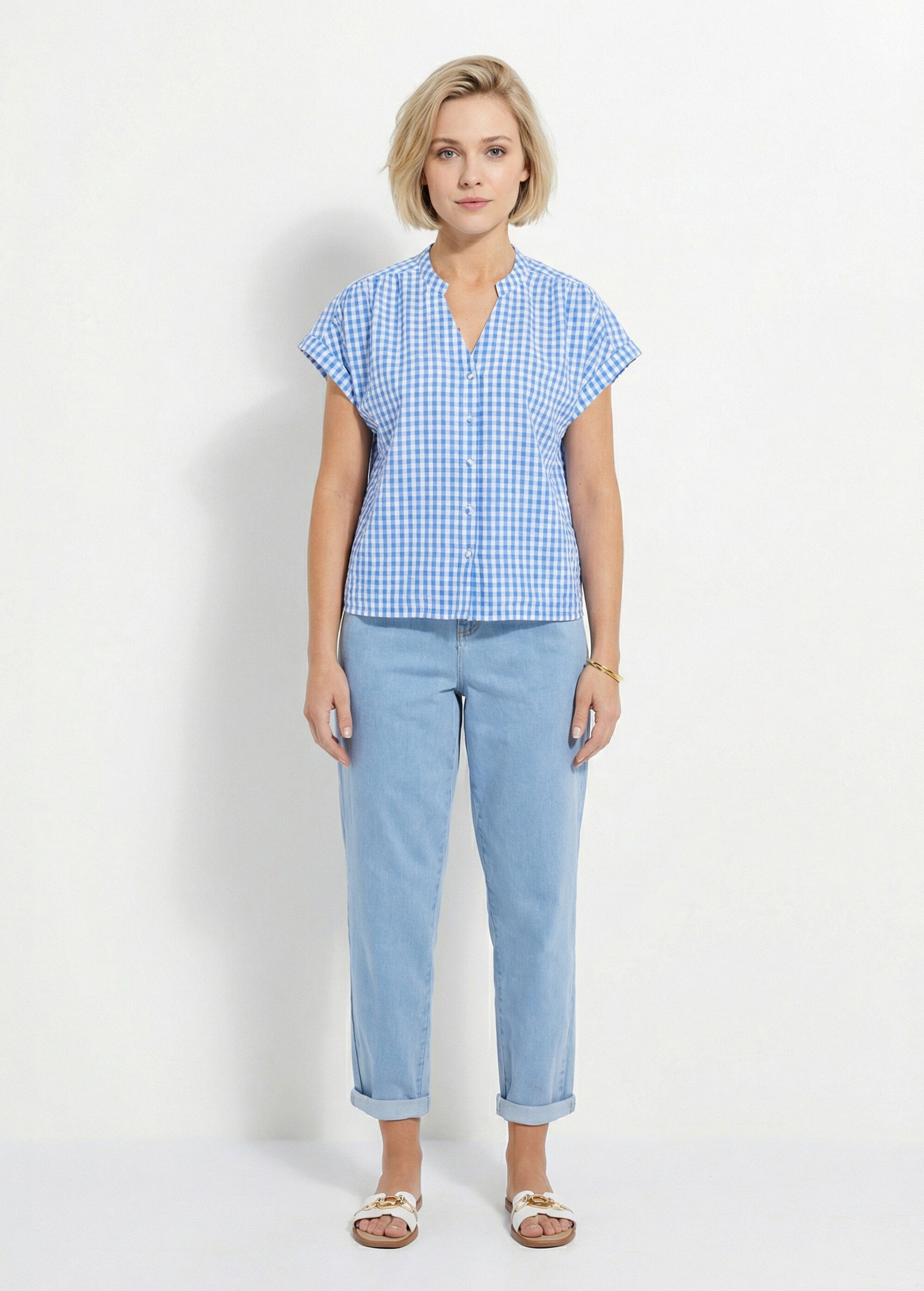 Chemisier à carreaux manches courtes kimono Femme Blanc CALVIN SF1