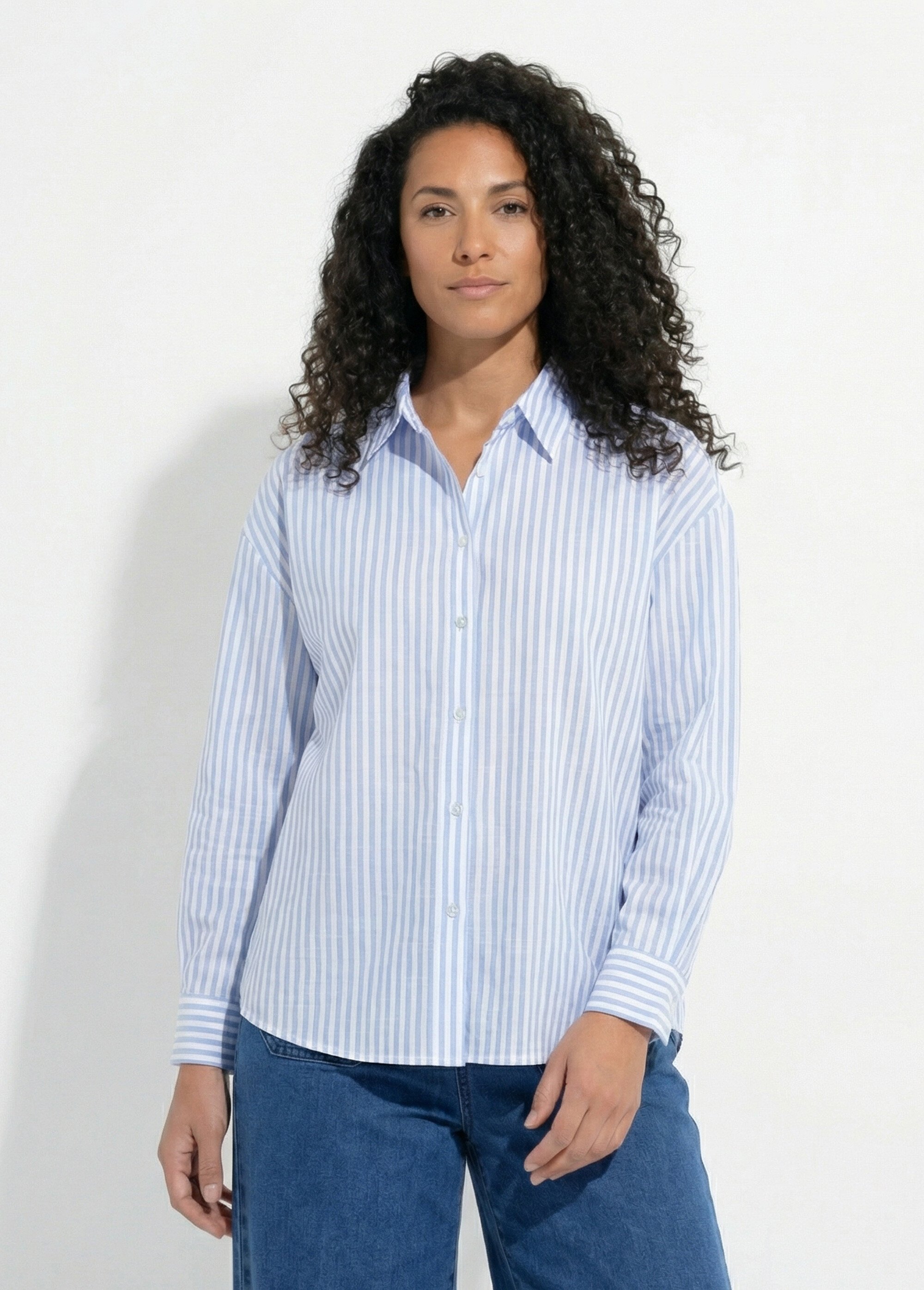 Chemisier boutonné rayé fils teints manches longues Femme Bleu CAZELLE FA1