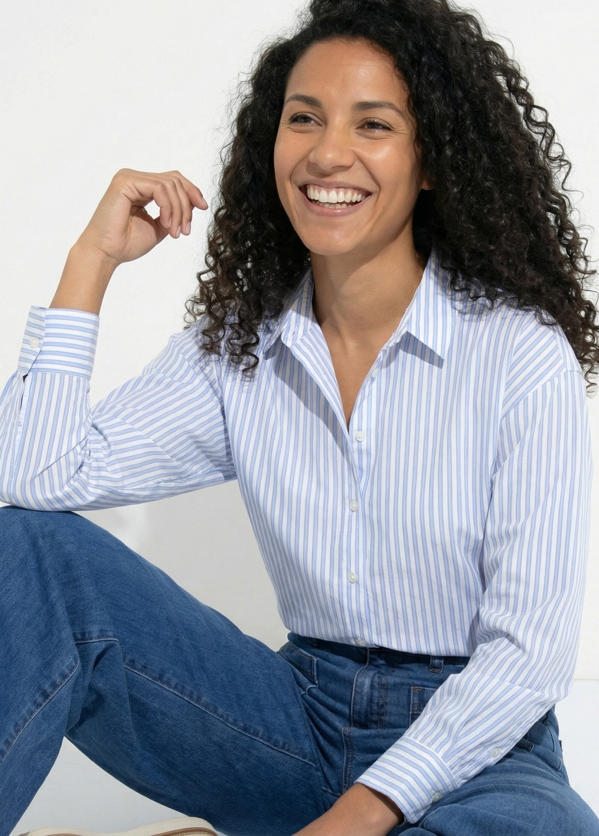 Chemisier boutonné rayé fils teints manches longues Femme Bleu CAZELLE MV1