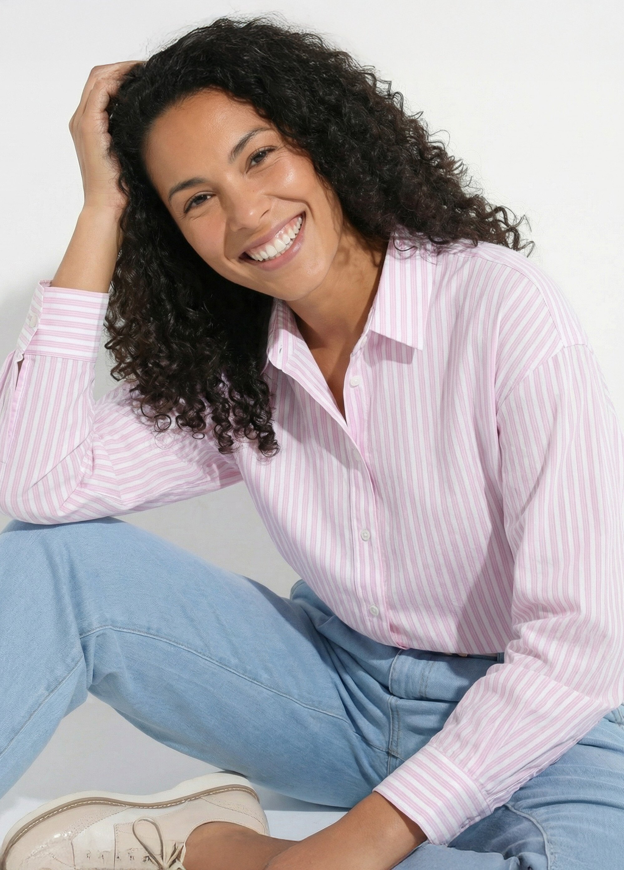 Chemisier boutonné rayé fils teints manches longues Femme Rose CAZELLE MV1