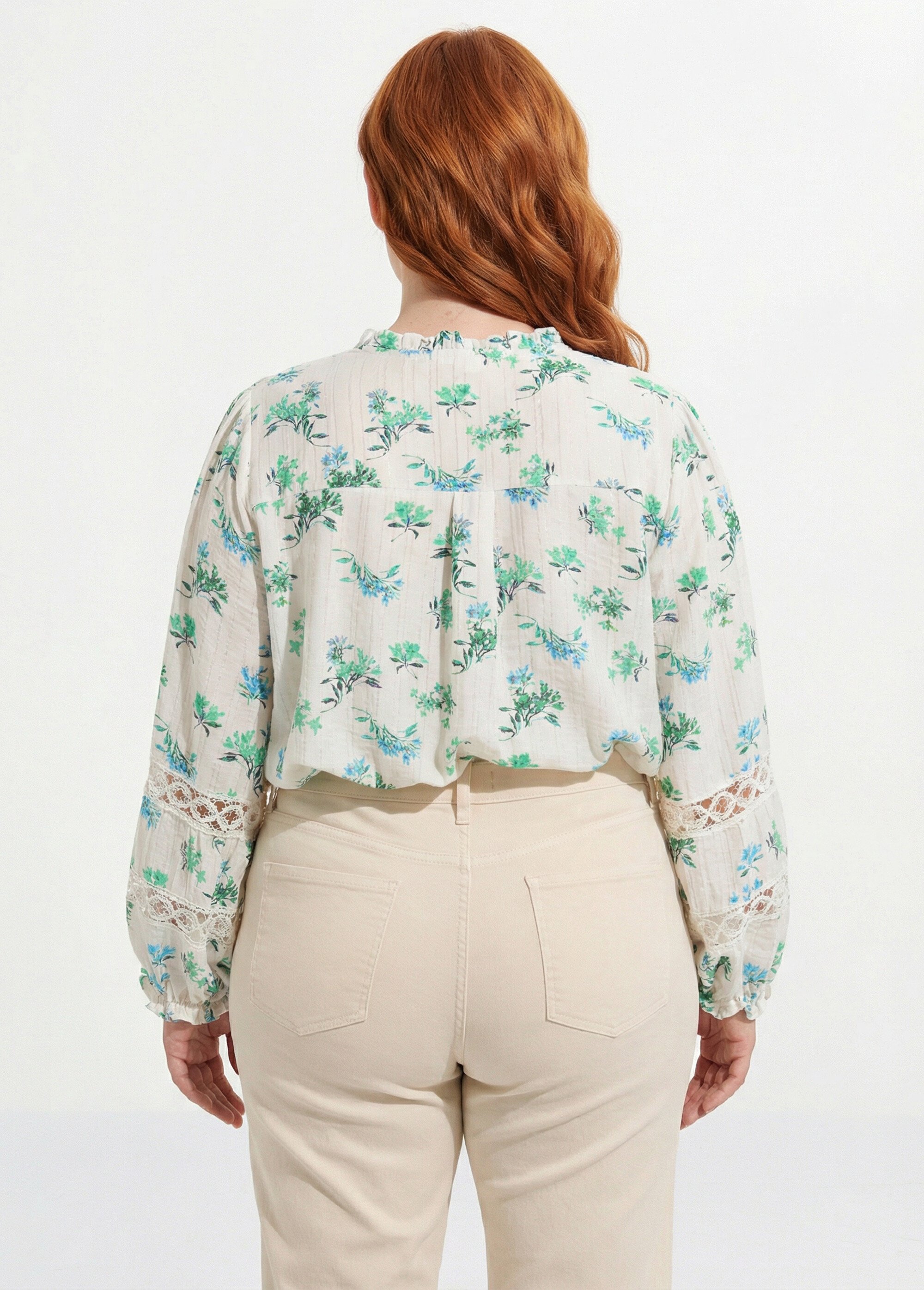 Chemisier fleuri et rayé, col volanté Femme Grande Taille Blanc MA-M1105-2572 DO1