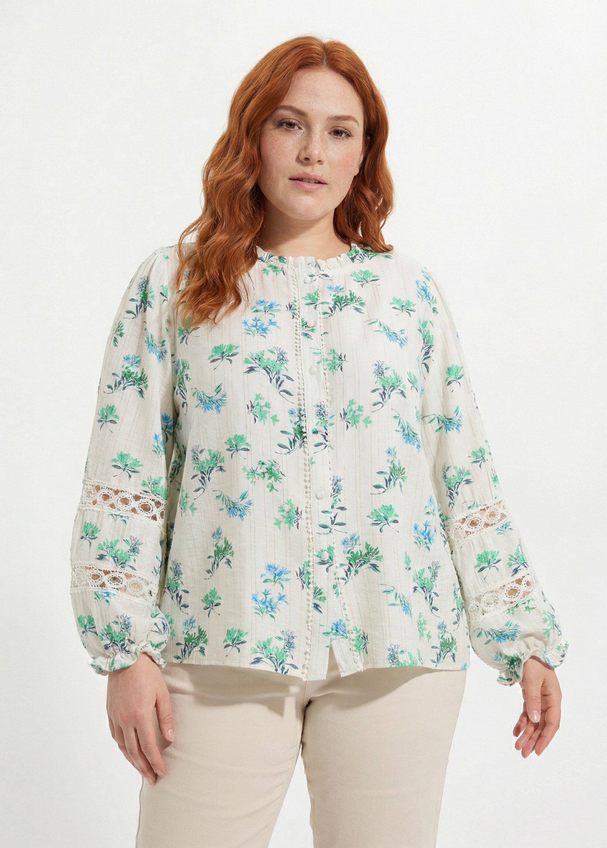 Chemisier fleuri et rayé, col volanté Femme Grande Taille Blanc MA-M1105-2572 FA1