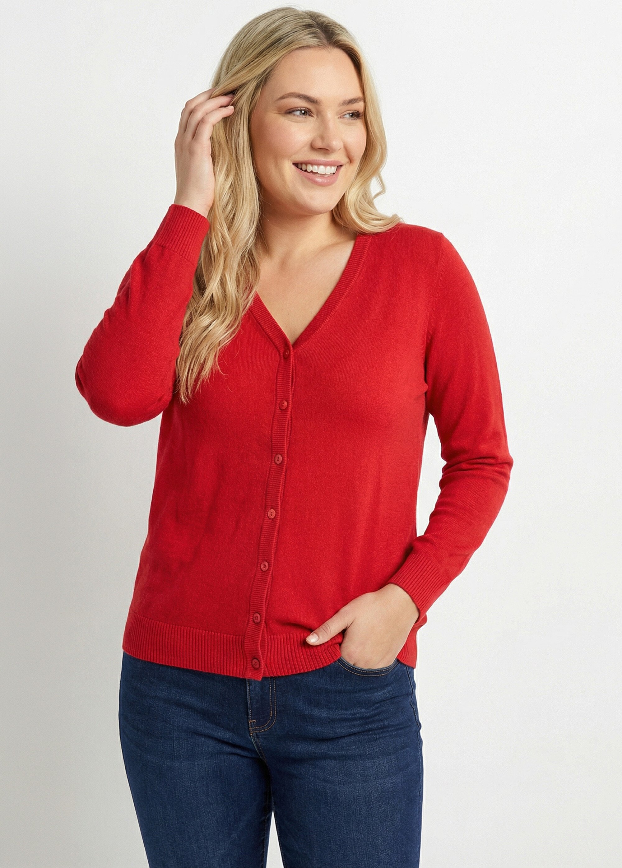 Gilet boutonné mi-long maille douce Femme Grande Taille Rouge PATIO MV1