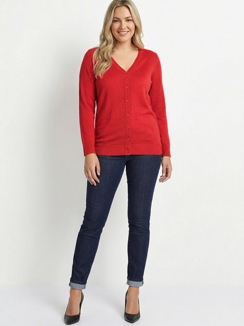 Gilet boutonné mi-long maille douce Femme Grande Taille Rouge PATIO SI1