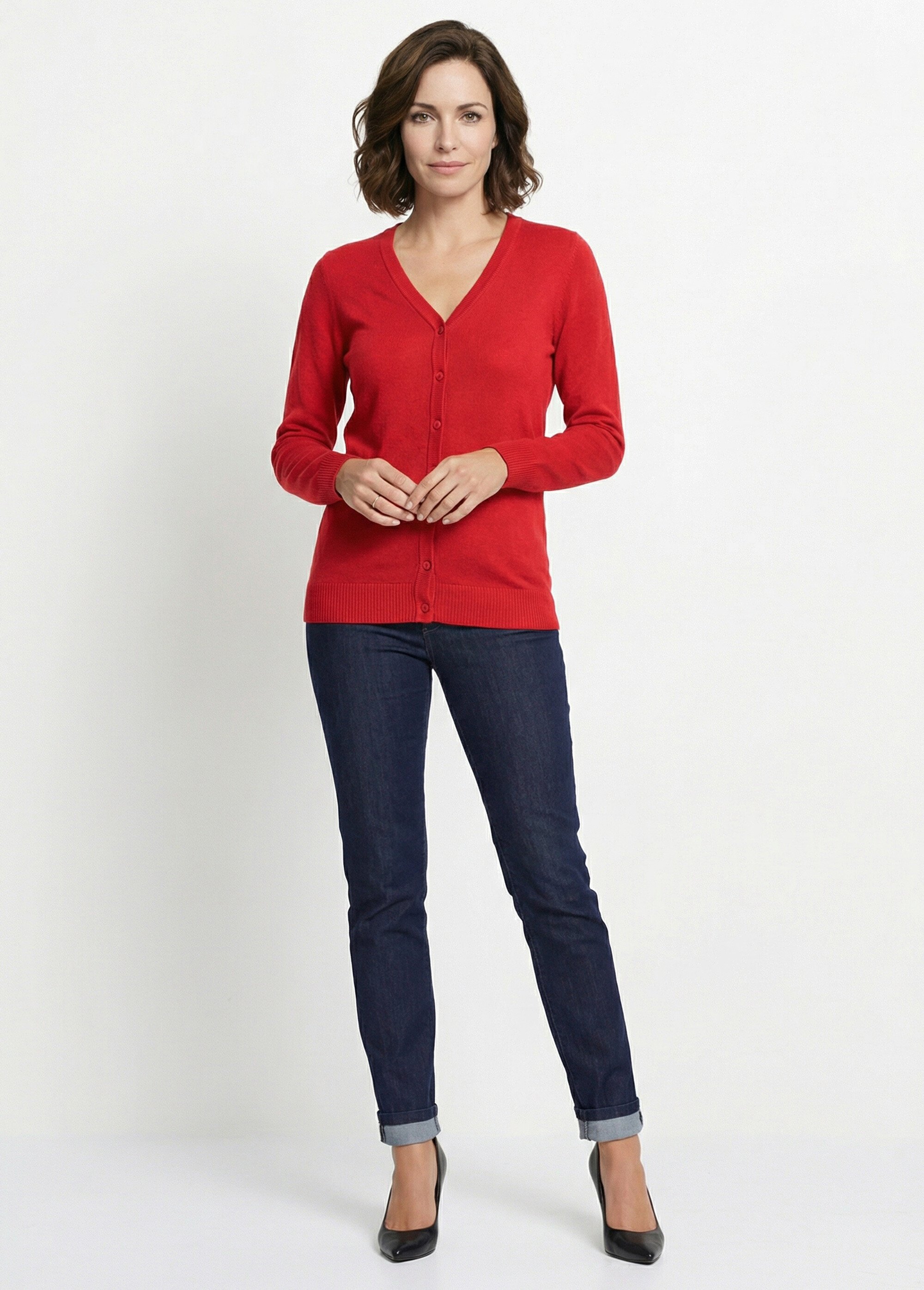 Gilet boutonné mi-long maille douce Femme Rouge PATIO SI1