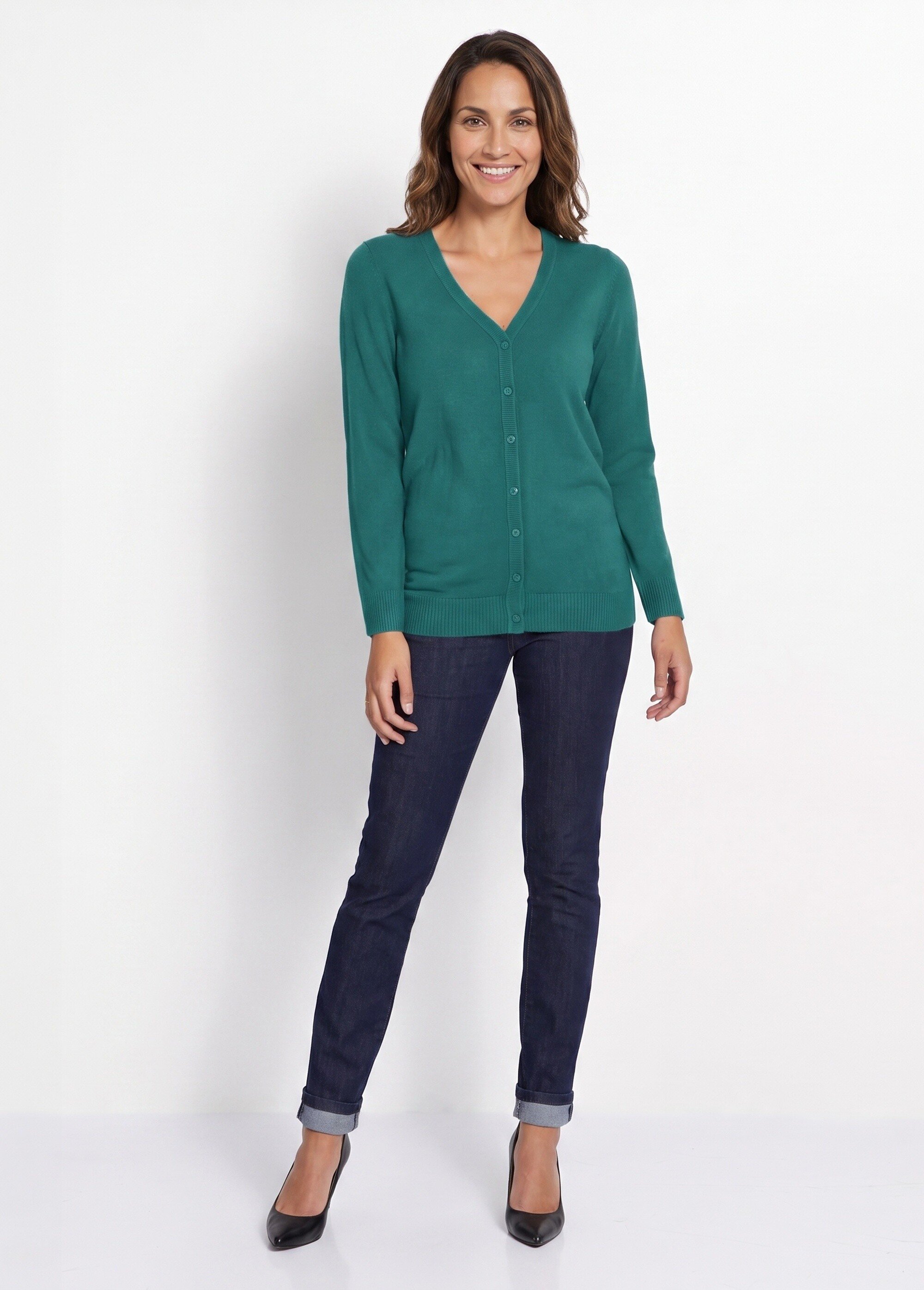 Gilet boutonné mi-long maille douce Femme Vert PATIO SI1