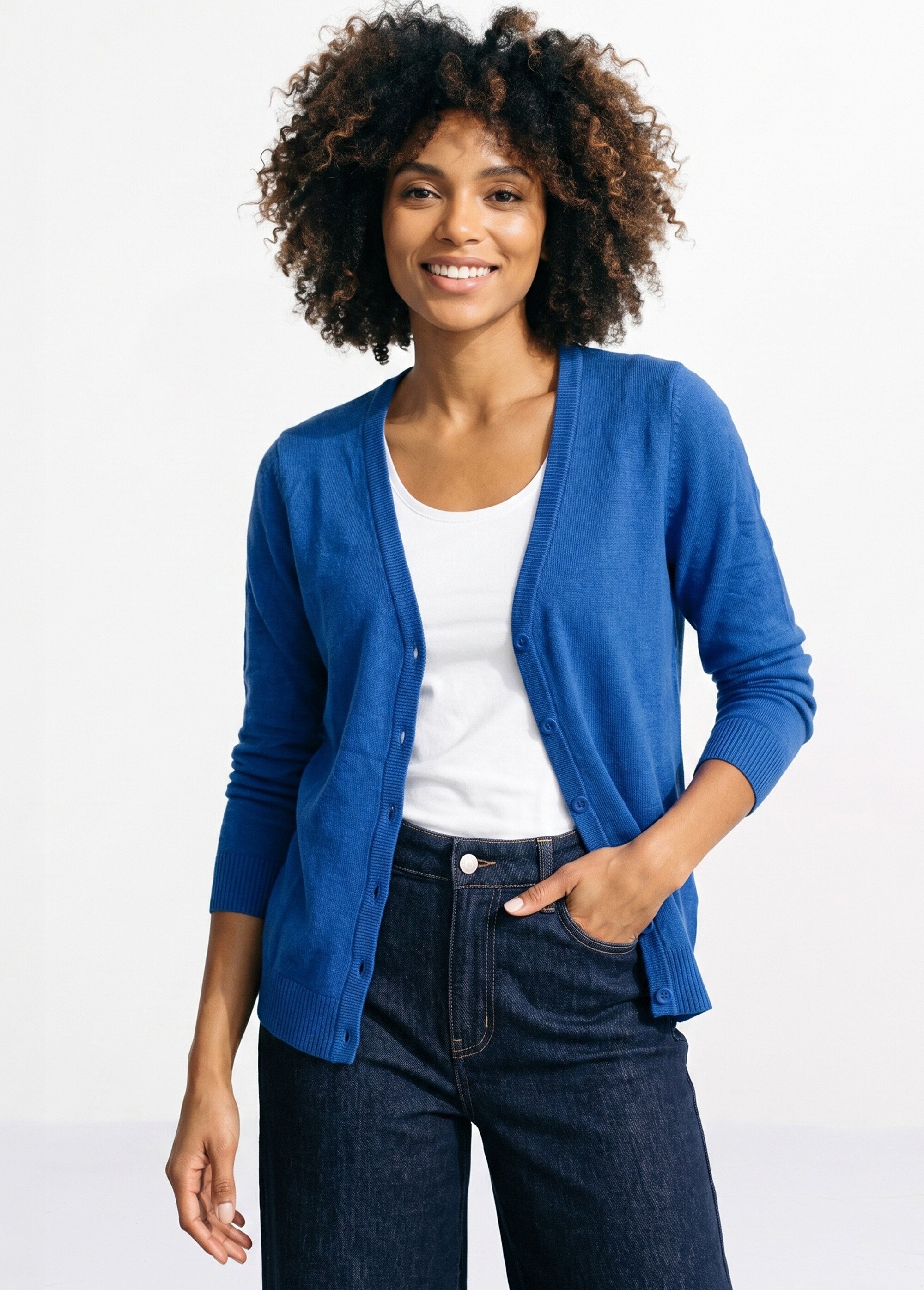 Gilet boutonné mi-long maille douce Femme Bleu PATIO MV1