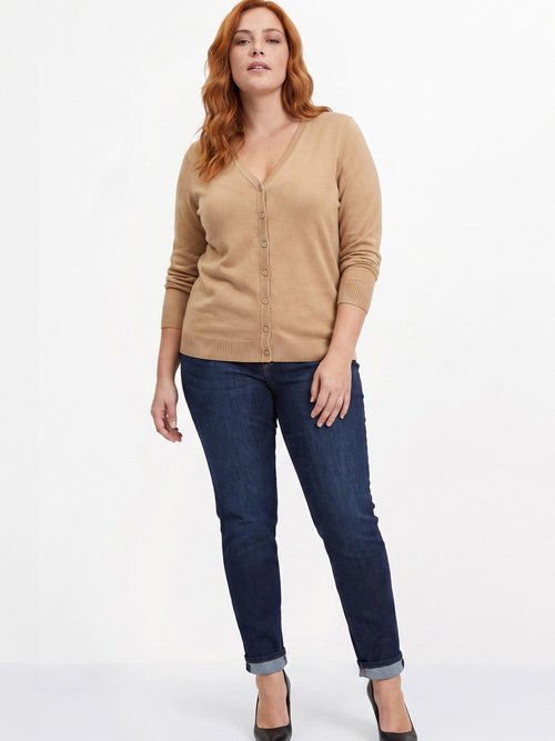 Gilet boutonné mi-long maille douce Femme Grande Taille Marron PATIO SI1