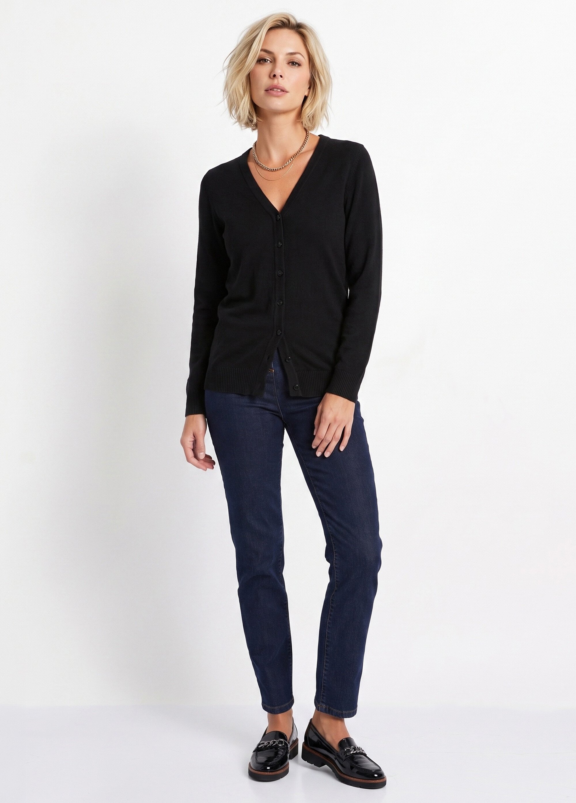 Gilet boutonné mi-long maille douce Femme Noir PATIO SI1