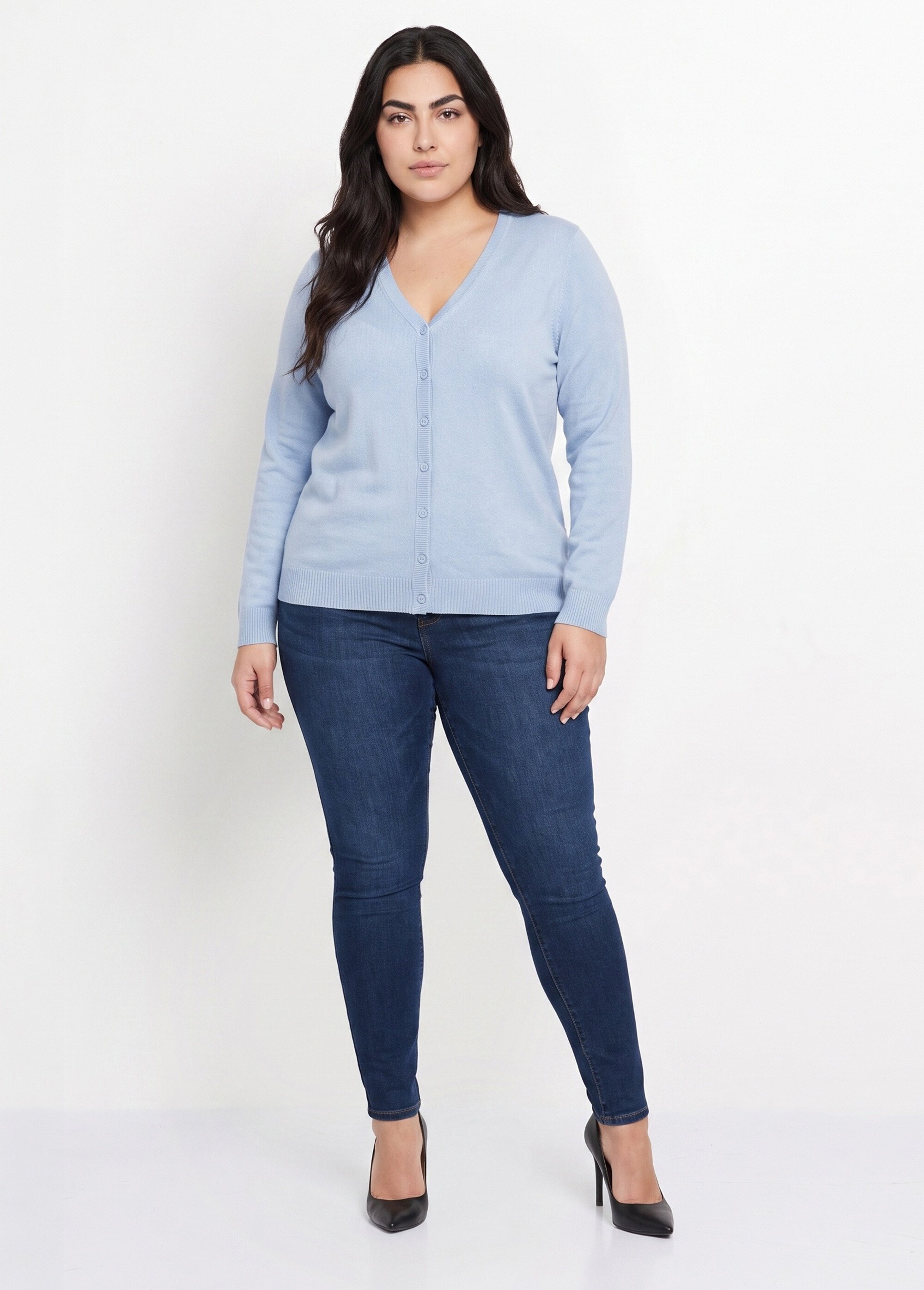 Gilet boutonné mi-long maille douce Femme Grande Taille Bleu PATIO SI1