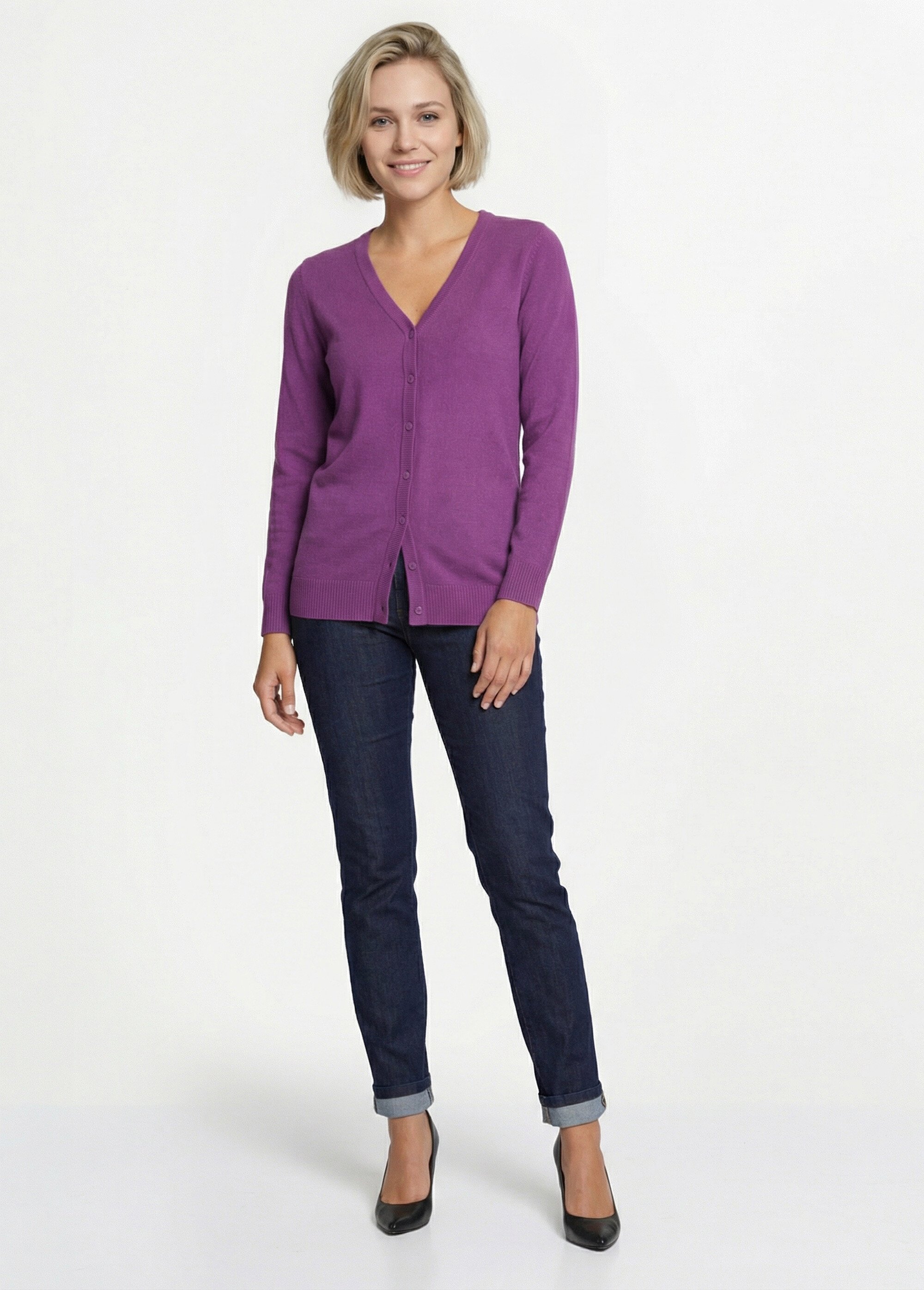 Gilet boutonné mi-long maille douce Femme Violet PATIO SI1