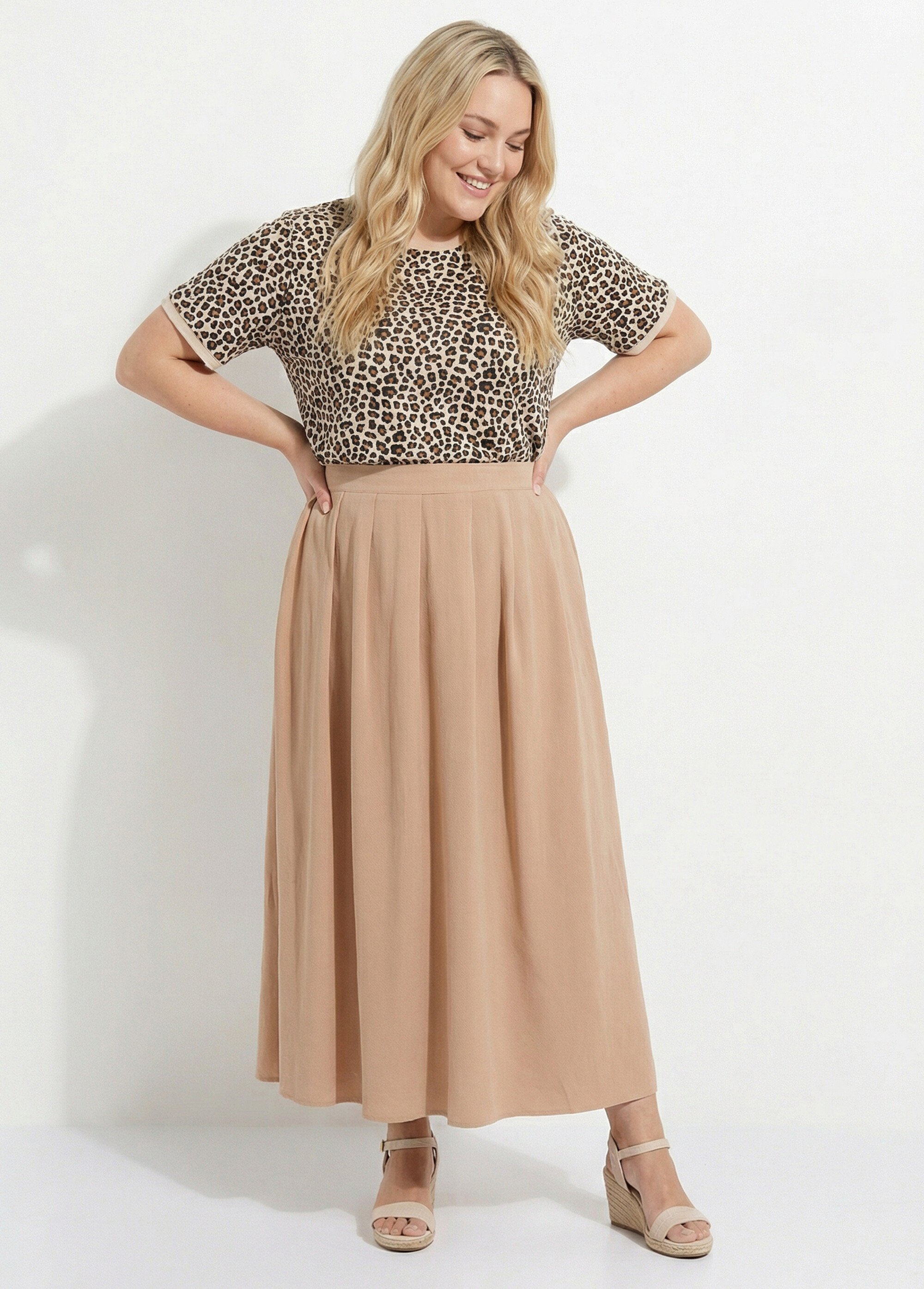 Jupe longue en lin, entretien facile Femme Grande Taille Beige MA-M927-2289 MV1