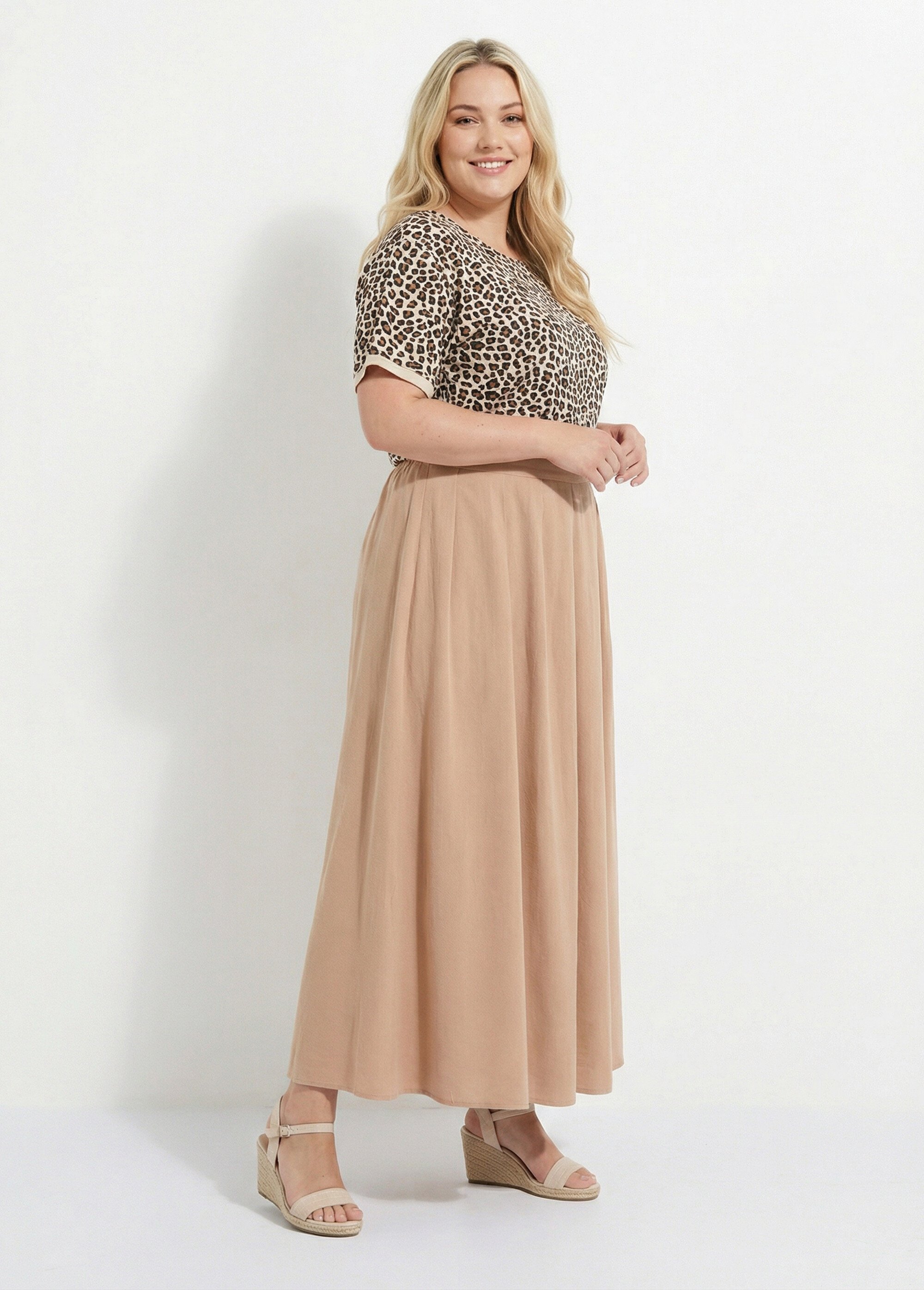 Jupe longue en lin, entretien facile Femme Grande Taille Beige MA-M927-2289 SI1