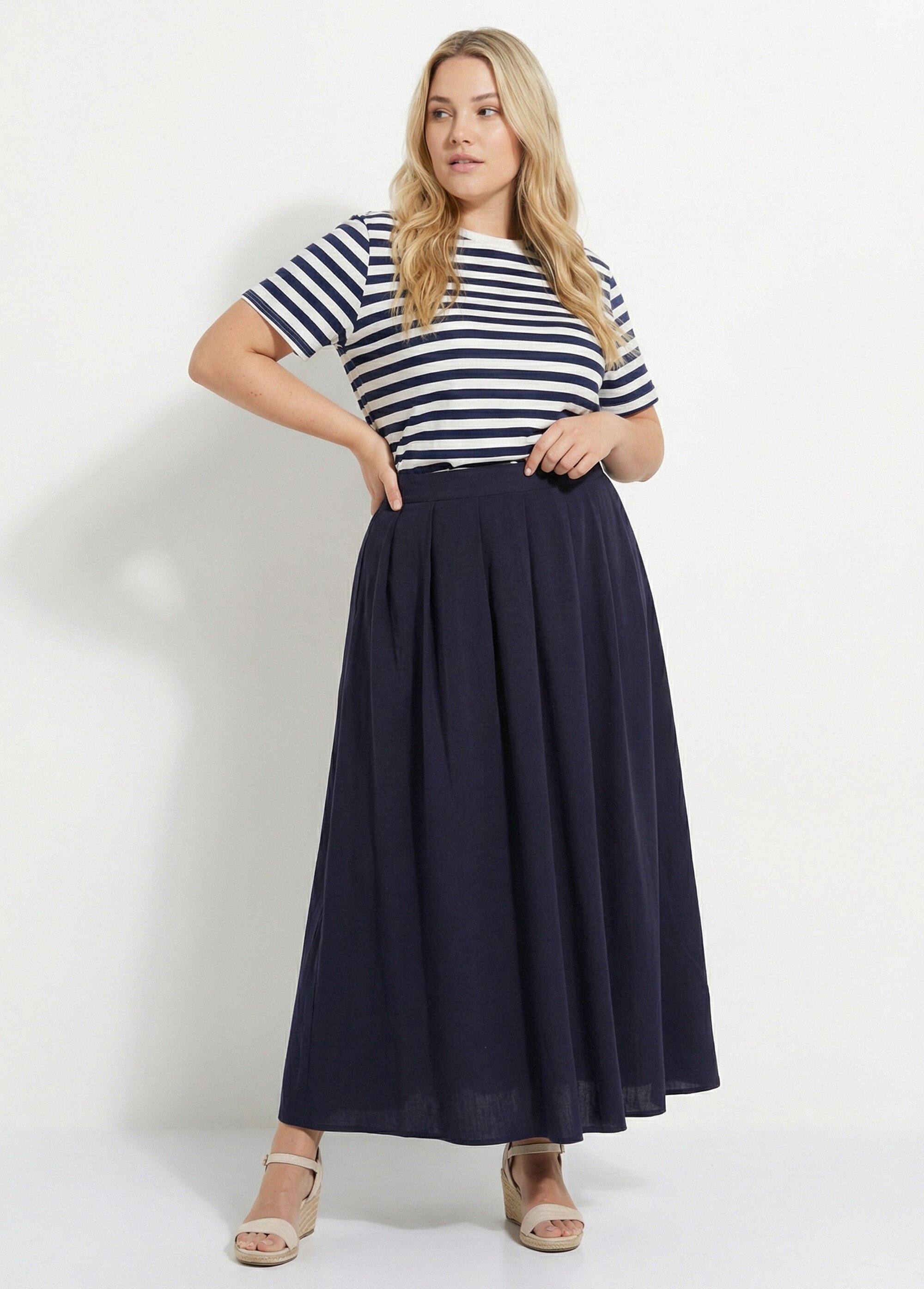 Jupe longue en lin, entretien facile Femme Grande Taille Bleu MA-M927-2289 MV1