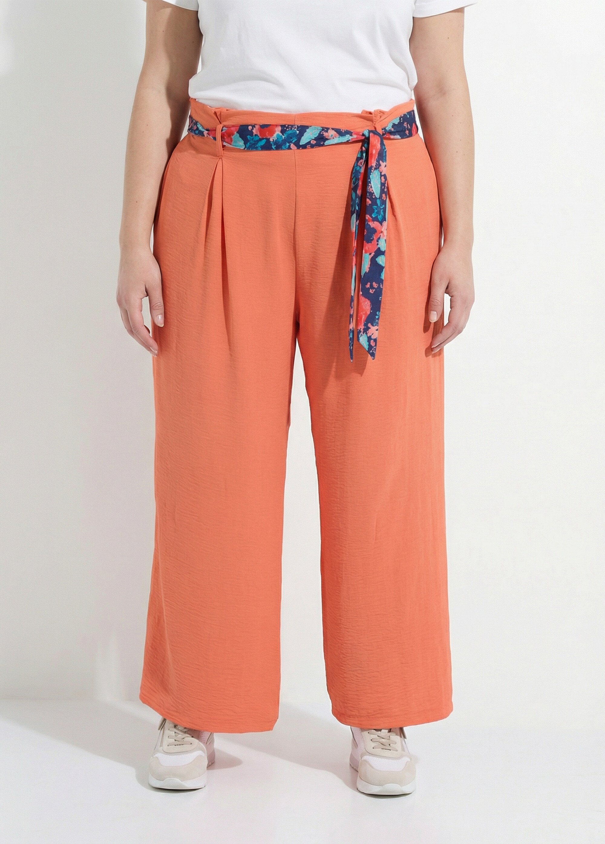 Pantalon taille haute ceinture foulard Femme Grande Taille Rose MA-718-123 FA1