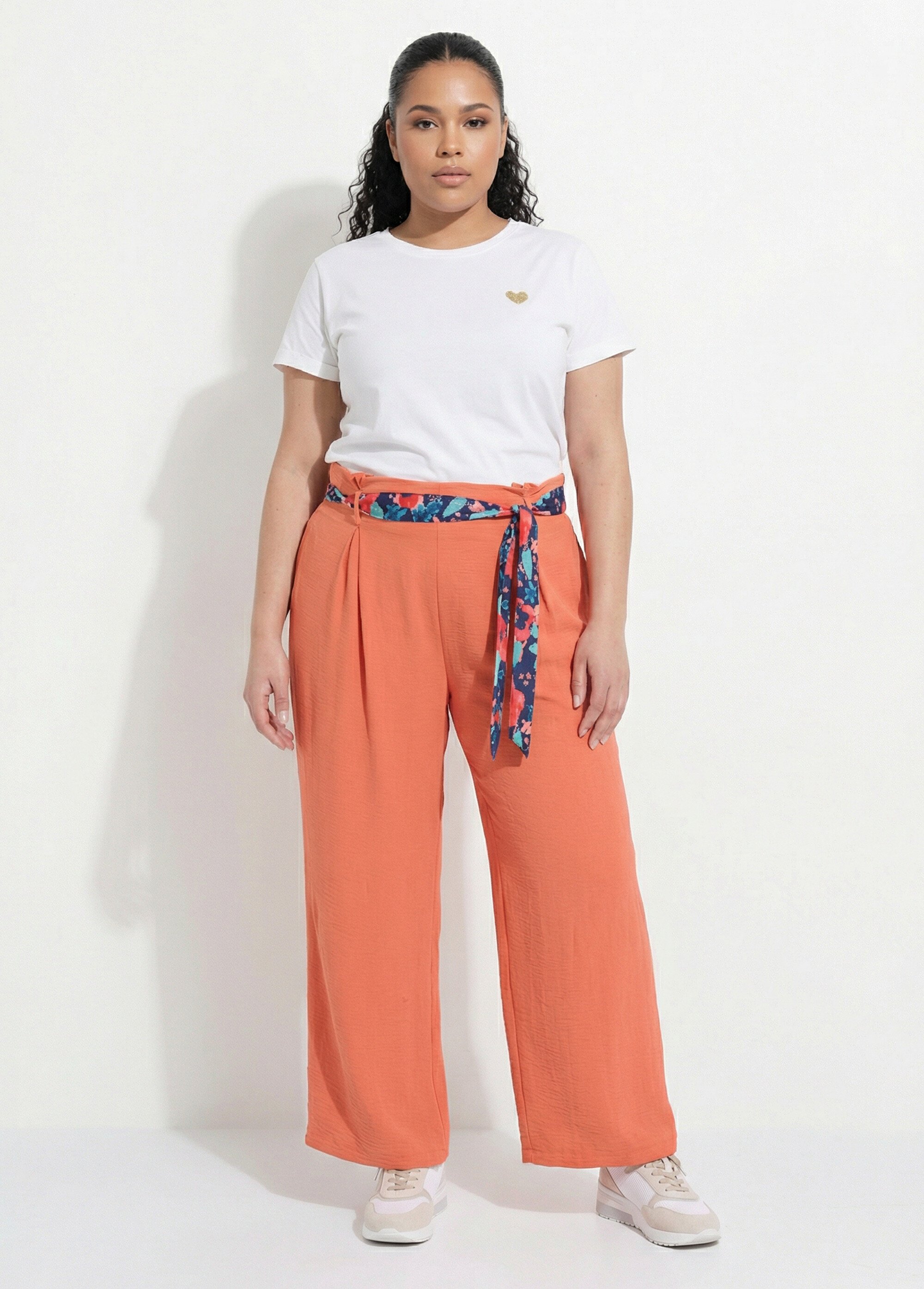 Pantalon taille haute ceinture foulard Femme Grande Taille Rose MA-718-123 SF1