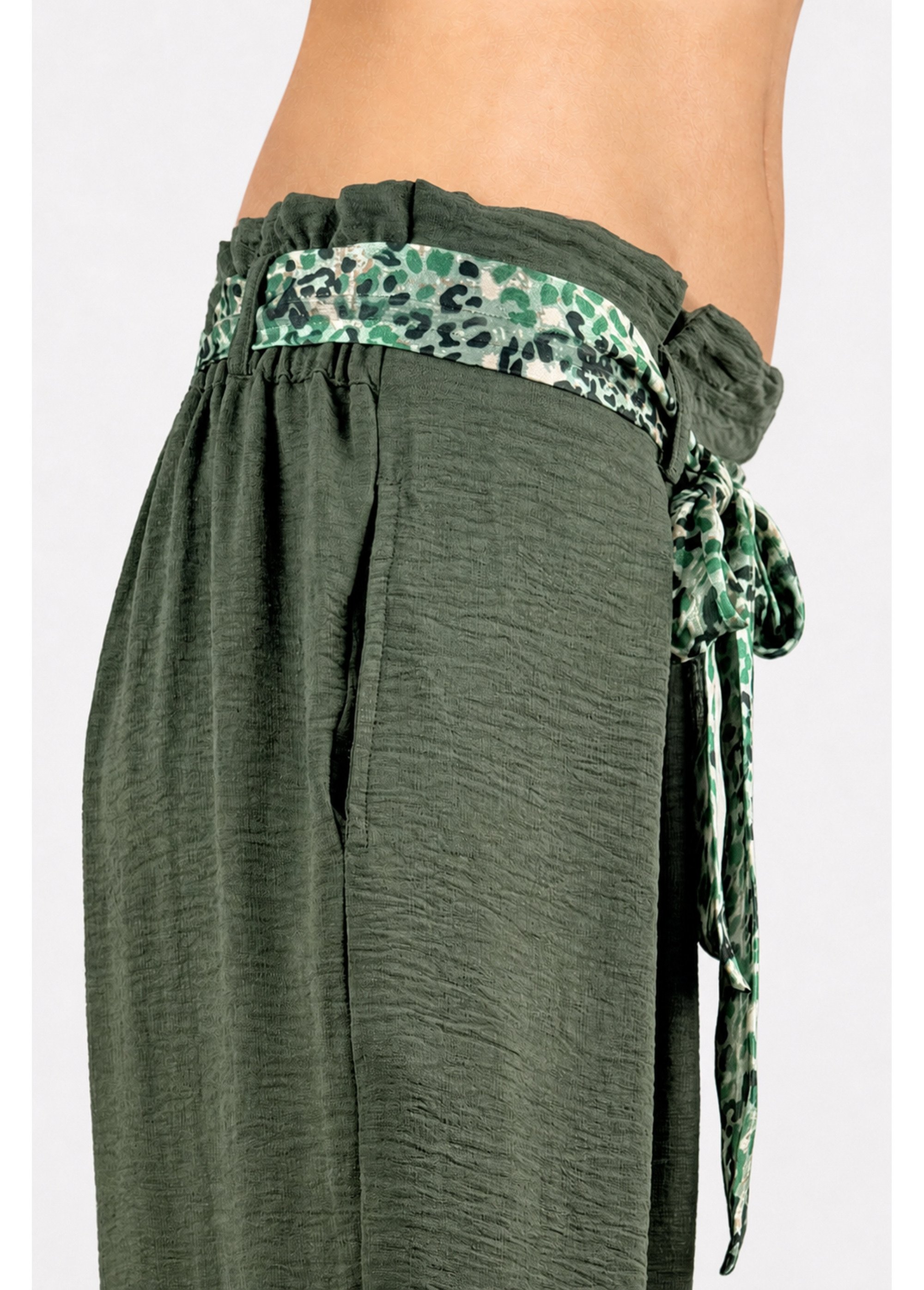 Pantalon taille haute ceinture foulard Femme Grande Taille Vert MA-718-123 DE1