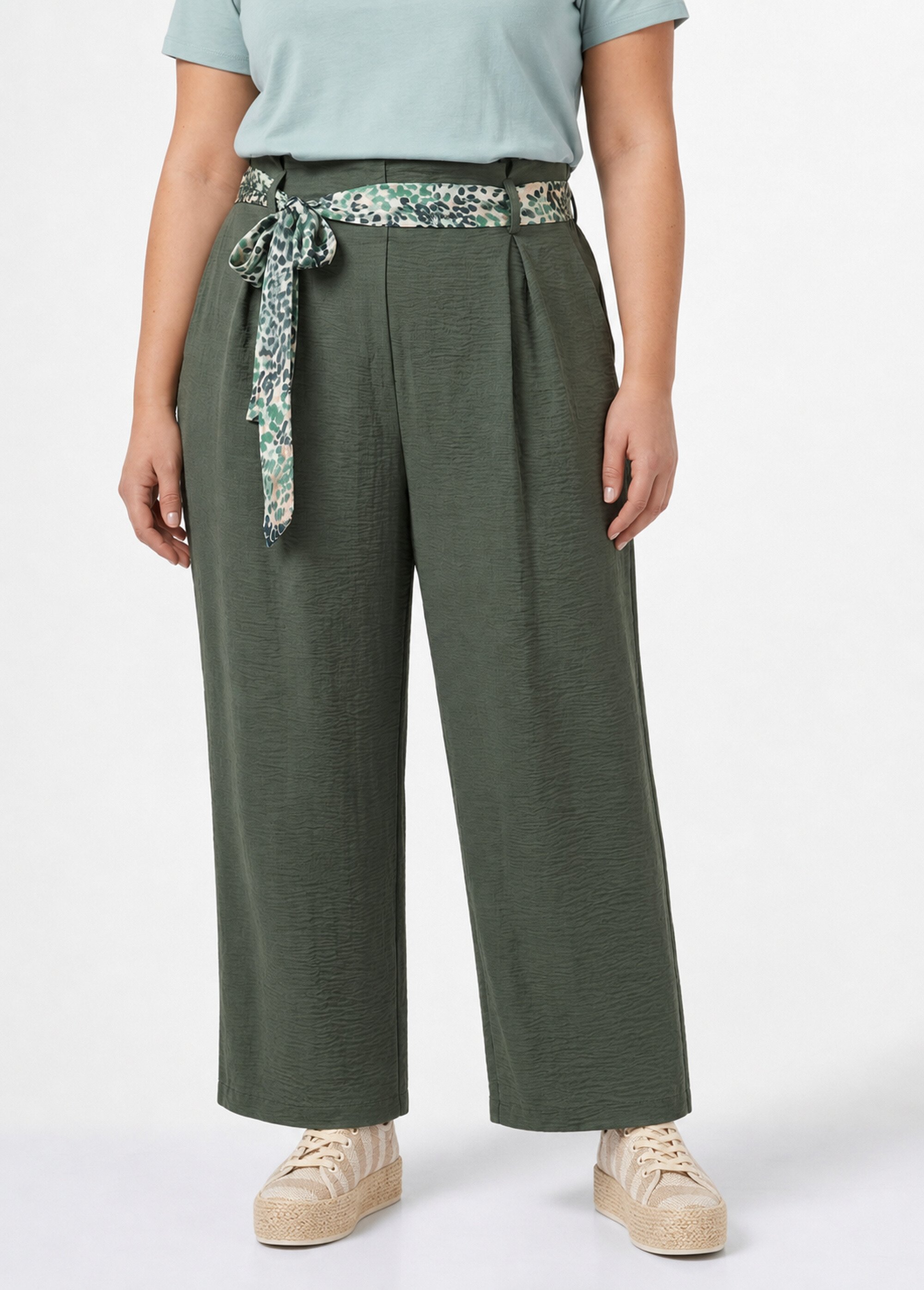 Pantalon taille haute ceinture foulard Femme Grande Taille Vert MA-718-123 FA1