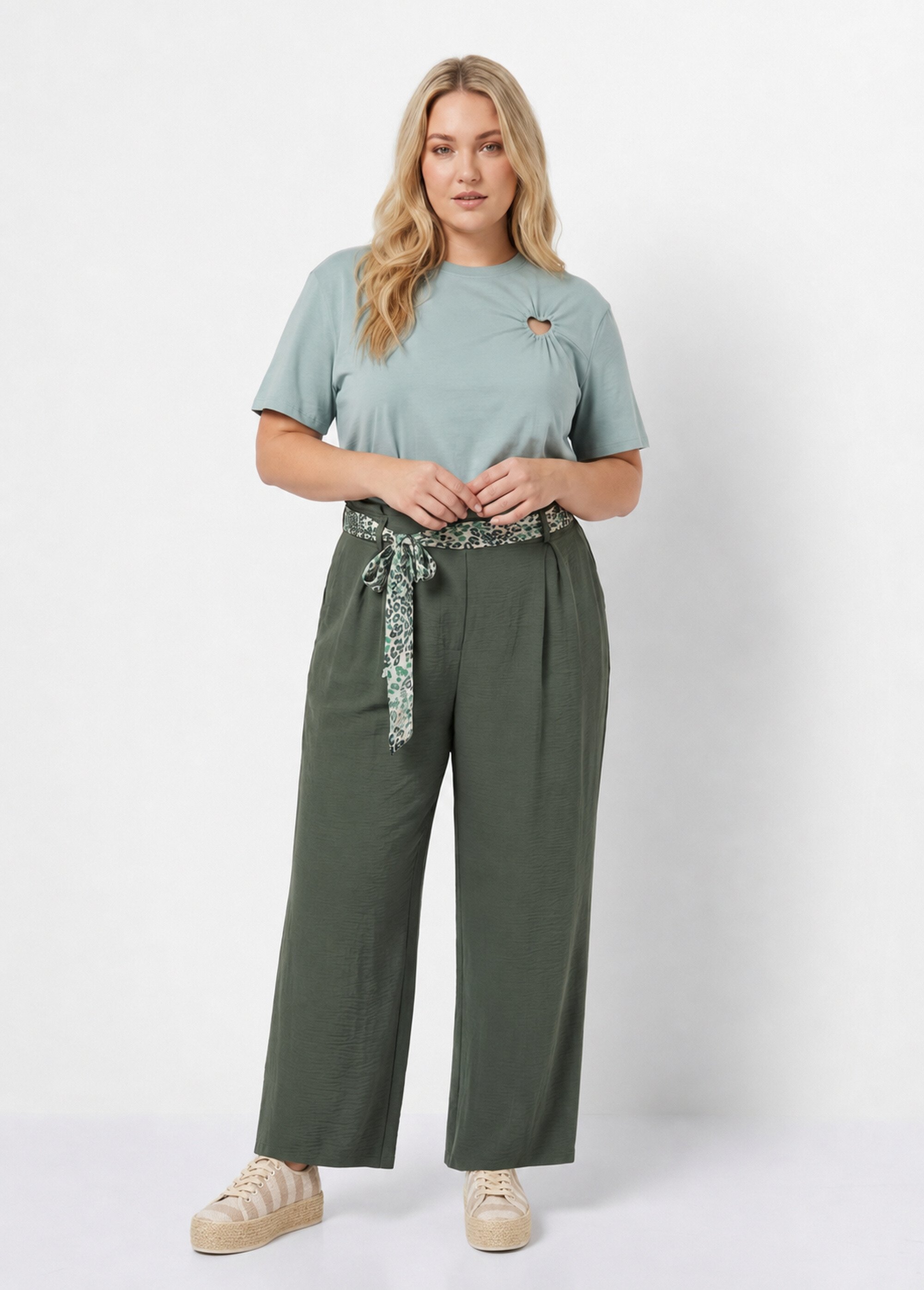 Pantalon taille haute ceinture foulard Femme Grande Taille Vert MA-718-123 SI1